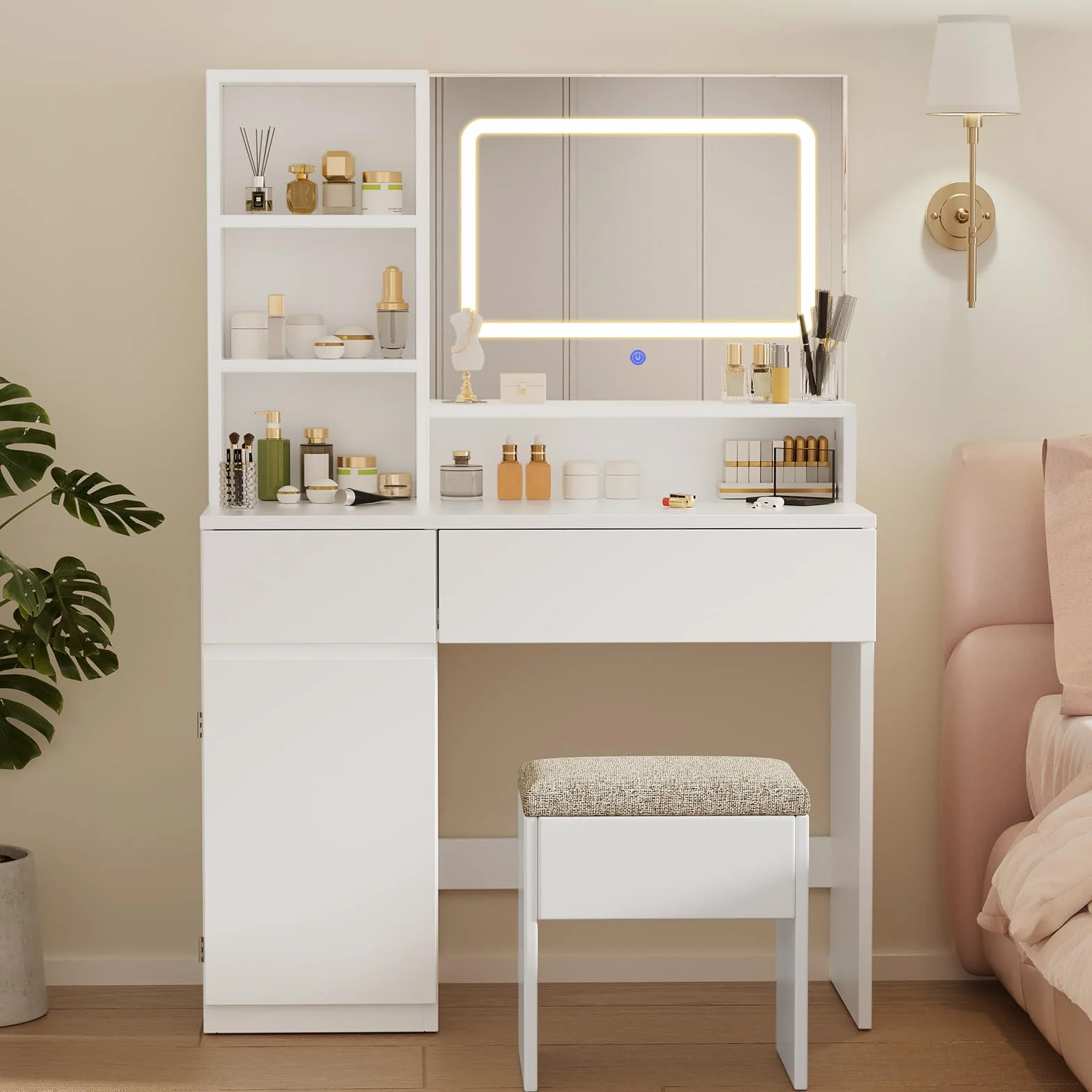 Devoko Tocador de Maquillaje con Taburete y Luces LED, Brillo Ajustable, Mesa de Maquillaje con Grande Espejo y 3 Estante Abierto, 2 Cajones y Armario Lateral, Moderno para Dormitorio Blanco
