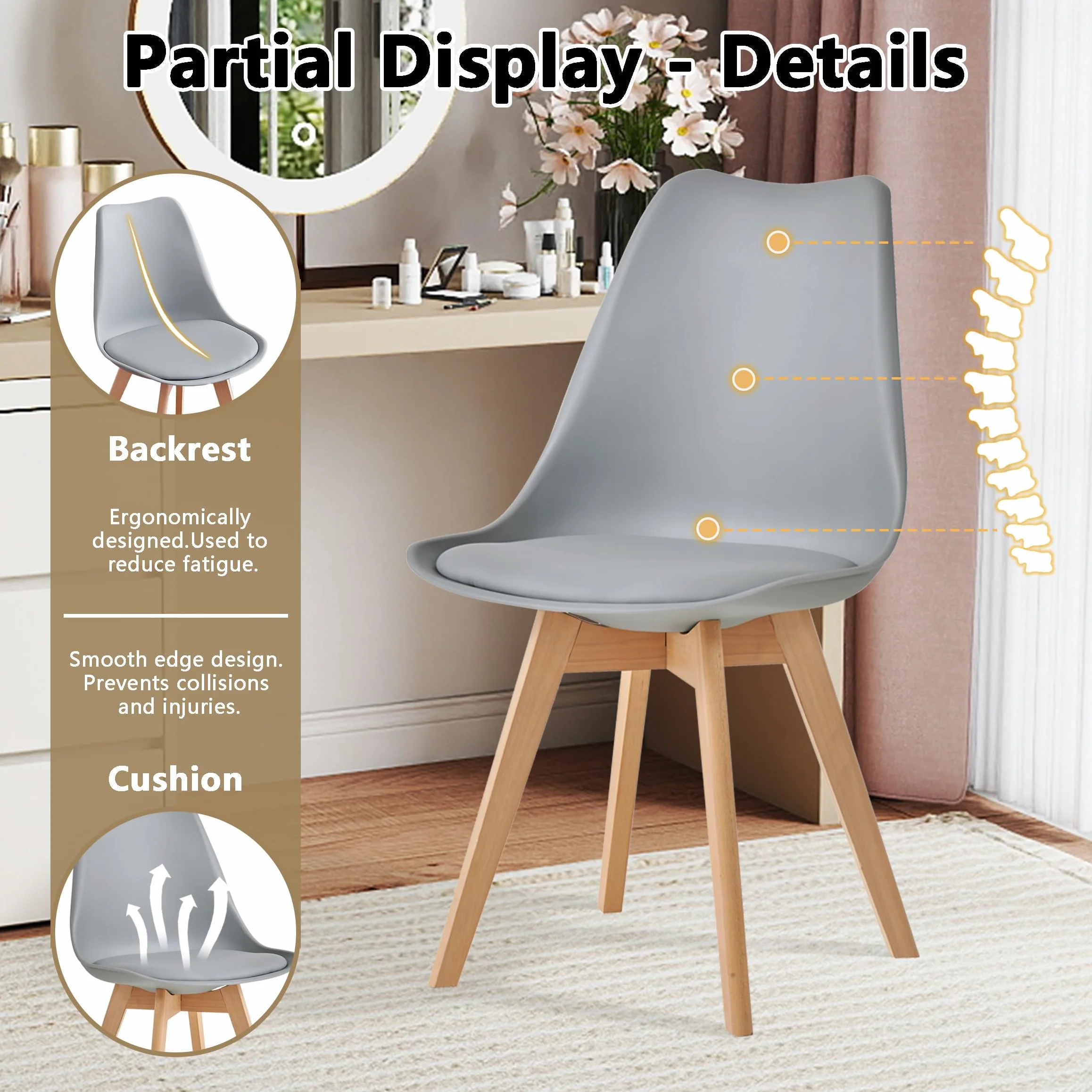 Juego de 6 Sillas de Comedor, Patas de Madera Maciza, Cojín de Silla Extraíble, Silla de Cocina, Silla Moderna (Gris-6)