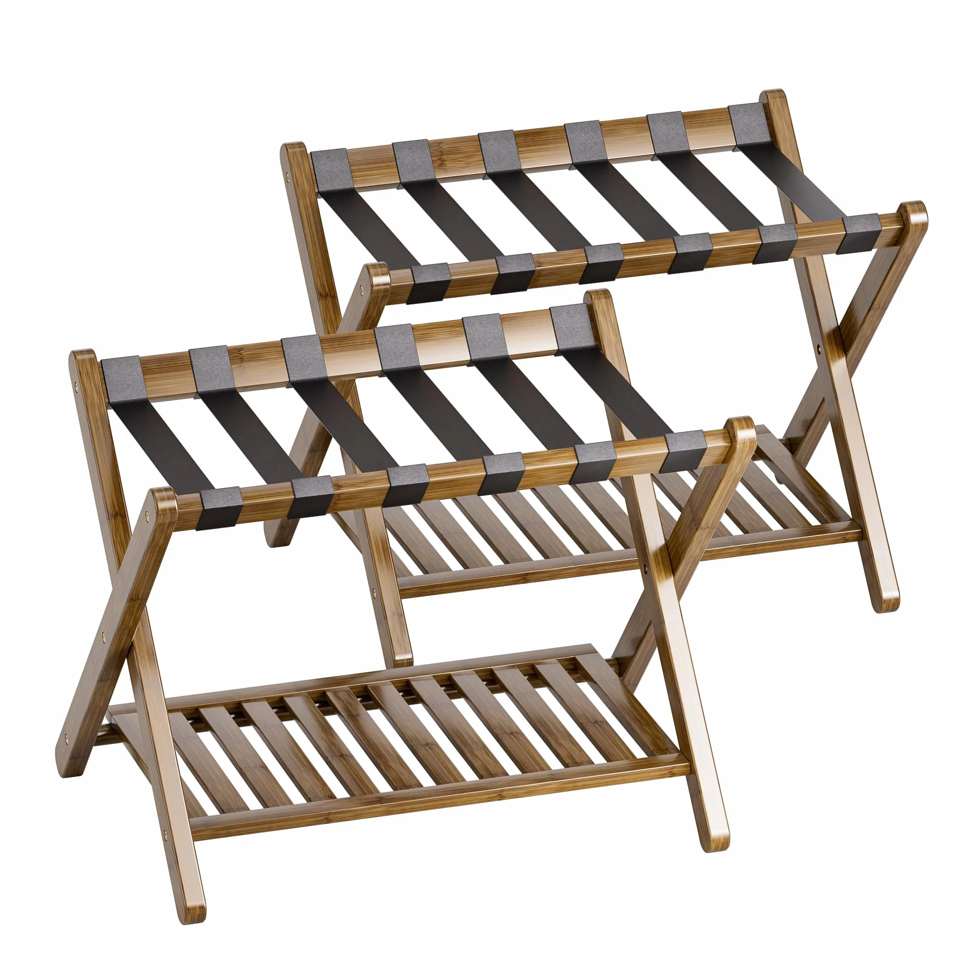 SMIBUY Portaequipajes, Paquete de 2, Soporte para Maleta de Bambú Plegable con Estante de Almacenamiento para Habitación de Invitados, Dormitorio, Hotel, Resistente (Nuez)