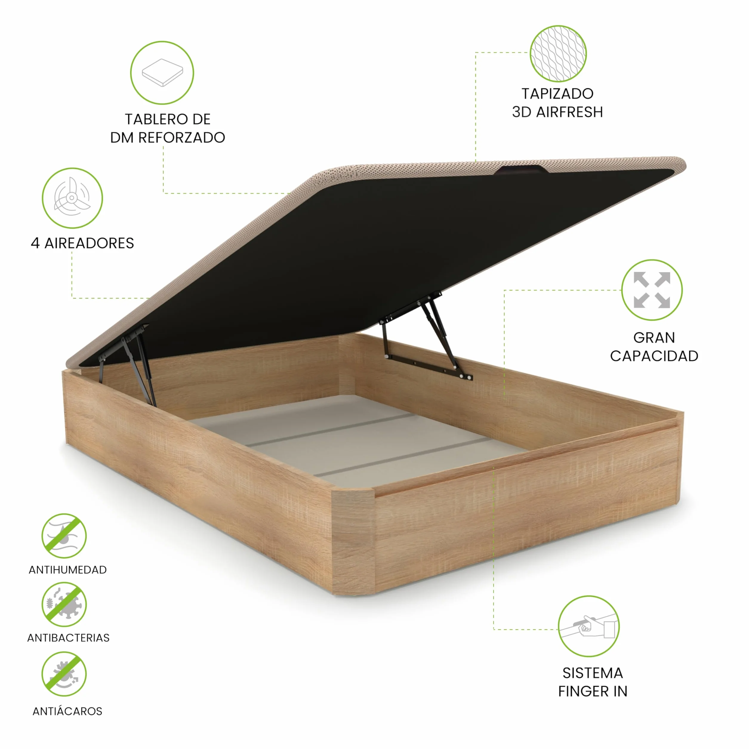 duehome | Luxury, Canapé Abatible con Almacenaje, Base Tapizada, Acabado en Roble, Medidas: 135 cm (Ancho) x 190 cm (Largo) x 31 cm (Alto)