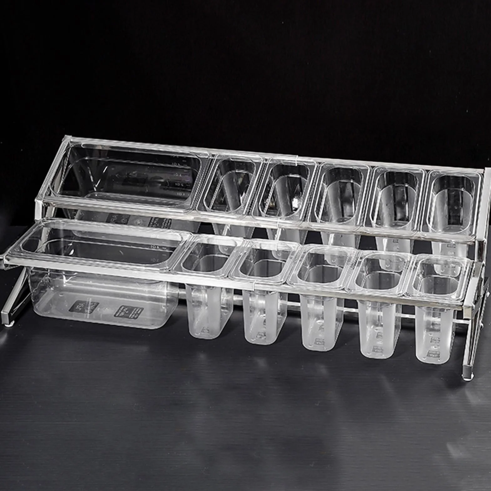 Estante expandible de acero inoxidable 304 con cucharas para ensalada de salsa, estante de especias acrílico transparente de 2 niveles, dispensador de hielo para guarnición de bar (plata/B