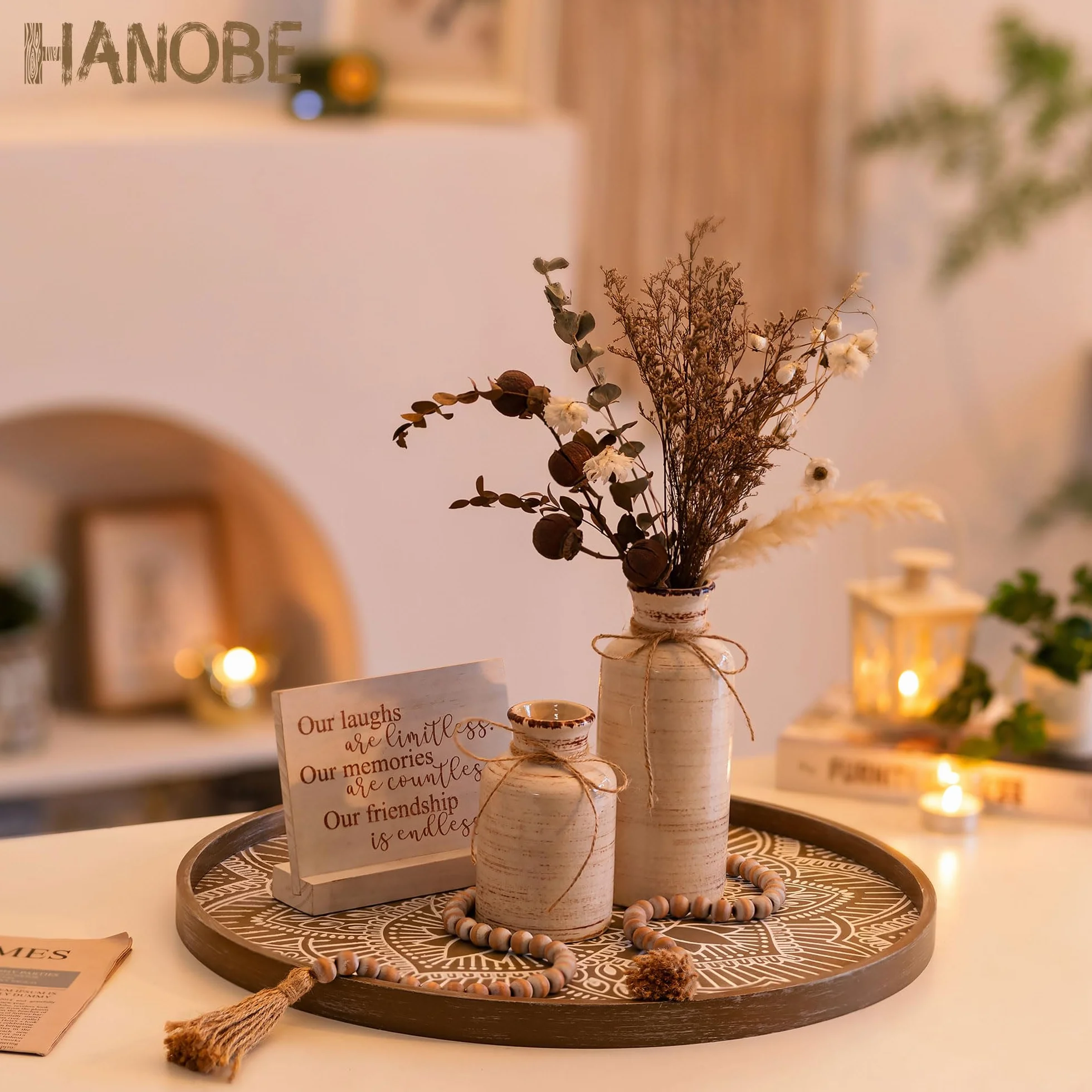 Hanobe Bandeja decorativa redonda grande de madera: Hanobe - Bandeja rústica para mesa de café, decoración de granja, centro de mesa marrón, bandeja redondeada para encimera de cocina, bandeja otomana