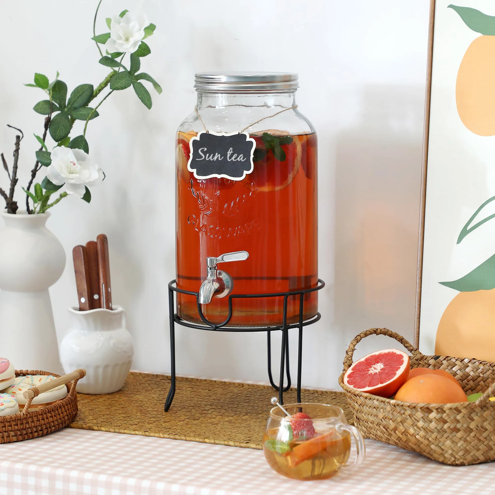 Dispensador de bebidas de vidrio de 1.5 galones con soporte, espiga impermeable de acero inoxidable y tapa, dispensadores de bebidas de vidrio para fiestas, dispensador de bebidas de agua