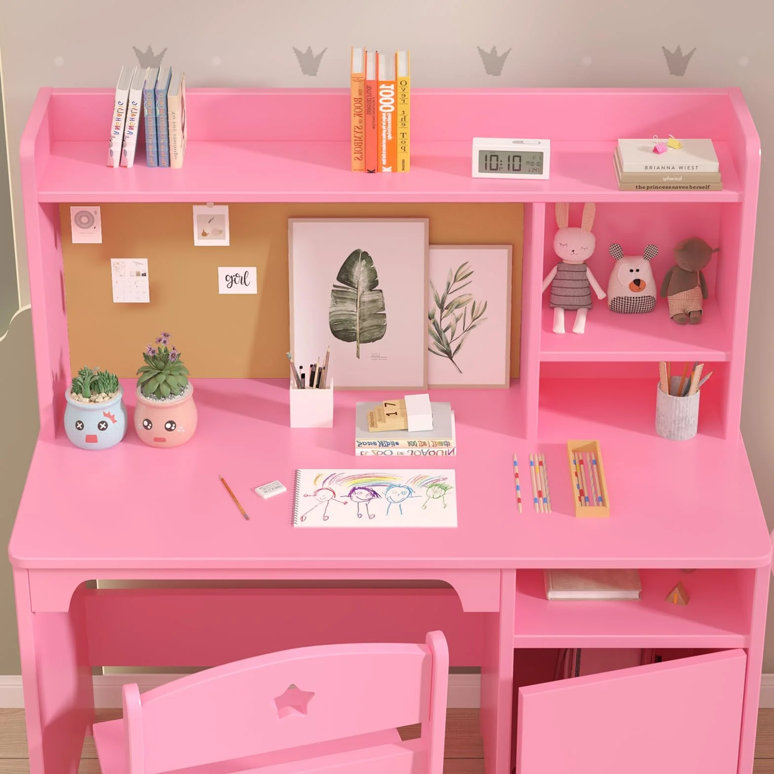 Escritorio Infantil de Madera con Silla y Estanterías, Mesa de Aprendizaje Multifuncional
