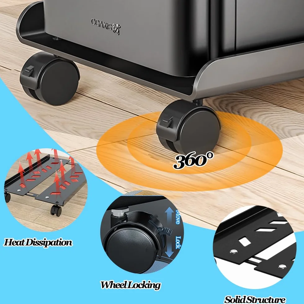 Soporte CPU, Soporte Torre Ordenador con Clips Organizador de Cables Autoadhesivo, Soporte para PC Ajustable Móvil con 4 Ruedas, Negro