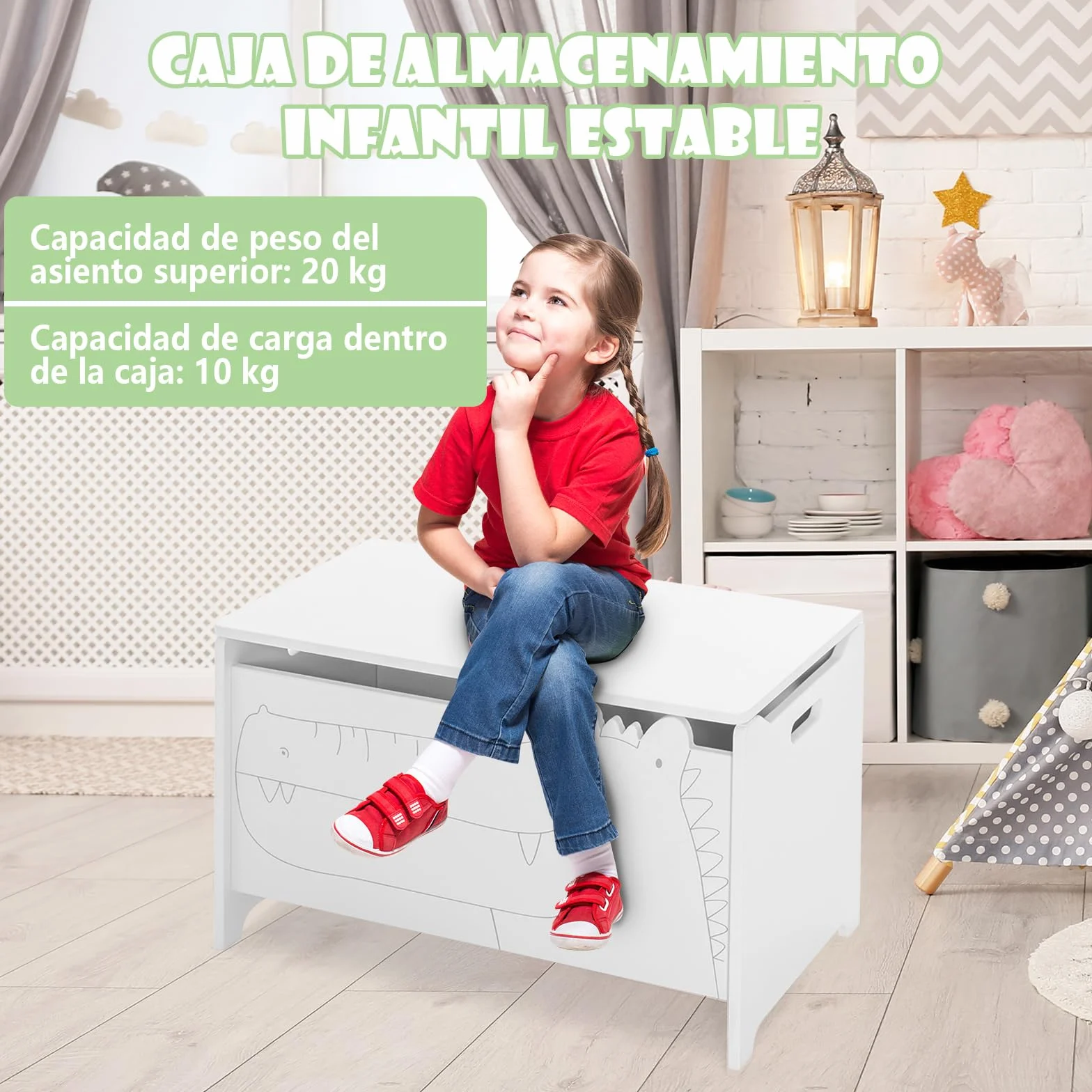COSTWAY Caja de Almacenamiento de Juguetes de Madera, Cajón Infantil con Bisagra de Seguridad 33x60x37,5cm Blanco