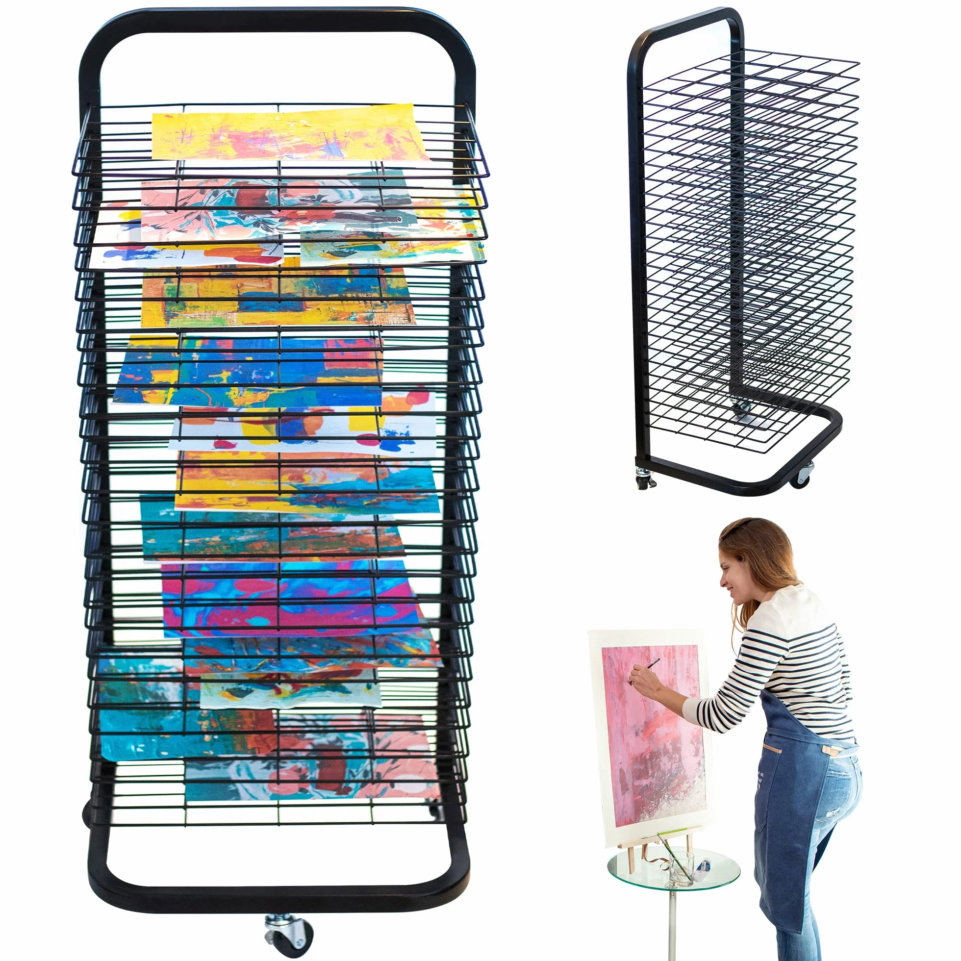 ODOXIA Estante De Secado De Arte para El Aula | Mantiene Las Obras De Arte Limpias | Estante De Secado De Pintura | con Ruedas | Bandejas Extraíbles Apilables para Pinturas, Dibujos Y Más