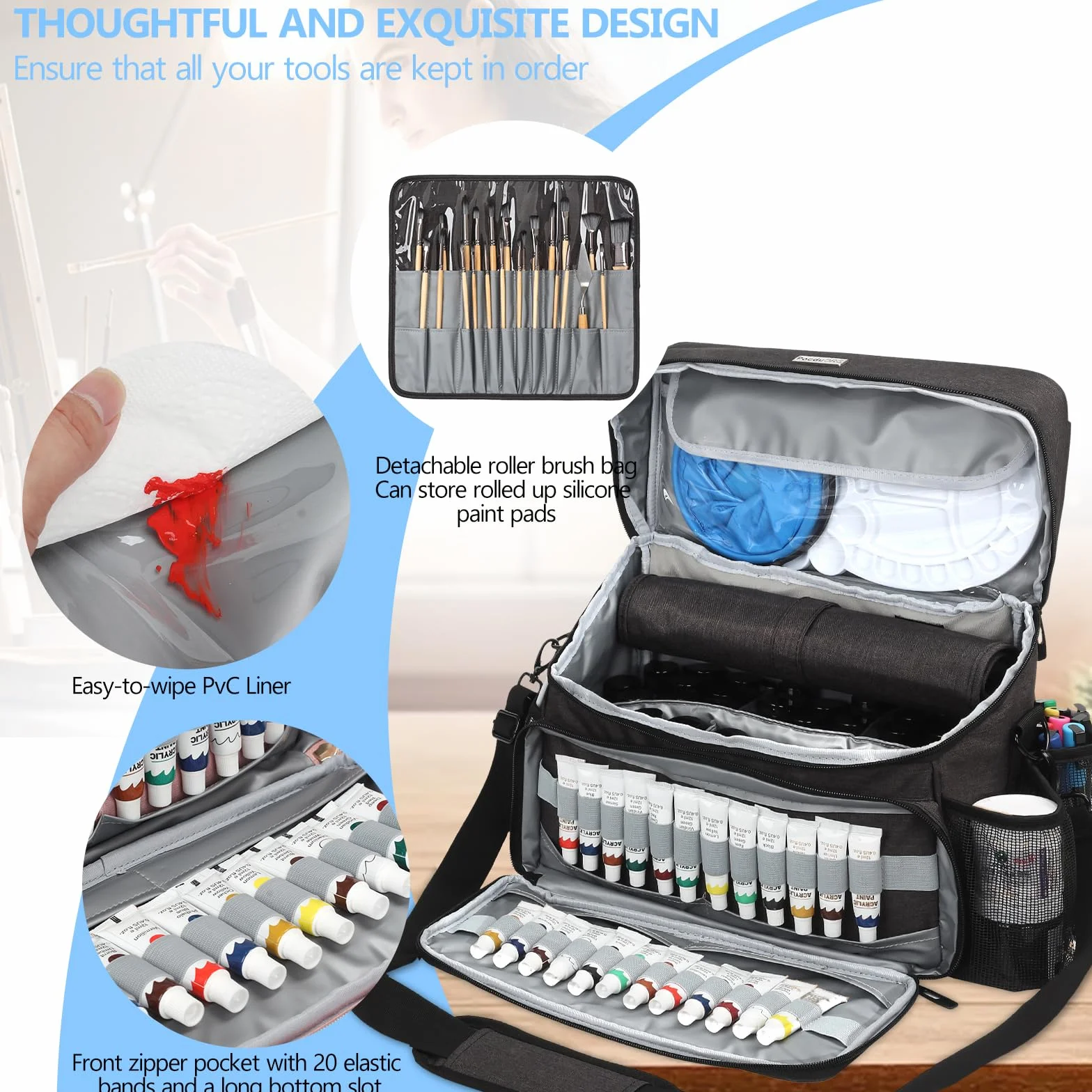 Bolsa organizadora de pintura acrílica y pinceles, funda de transporte compatible con Apple Barrel, Shuttle Art, suministros de arte Caliart, incluye soporte desmontable para pinceles de pintura, para