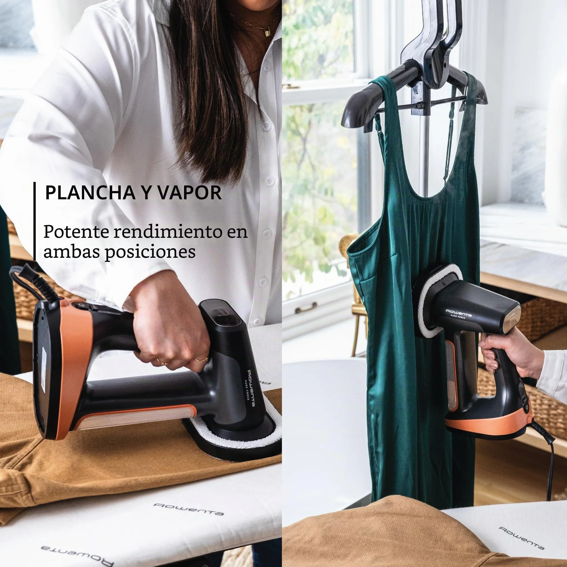 Rowenta, vaporizador de ropa, Pure Force 3 en 1, capacidad de 7 onzas, plancha vertical, planchado horizontal, removedor de pelusas, ligero, apagado automático, DR8855U1