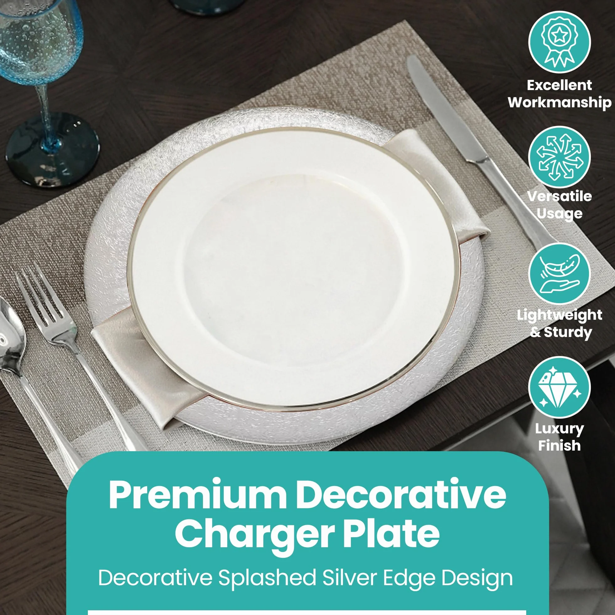 Platos de carga decorativos para fiestas, platos de vidrio con ribete plateado para decoración de mesa de comedor, bodas, cumpleaños, fiestas, vajilla, eventos de catering, 33 cm, 6 unidades