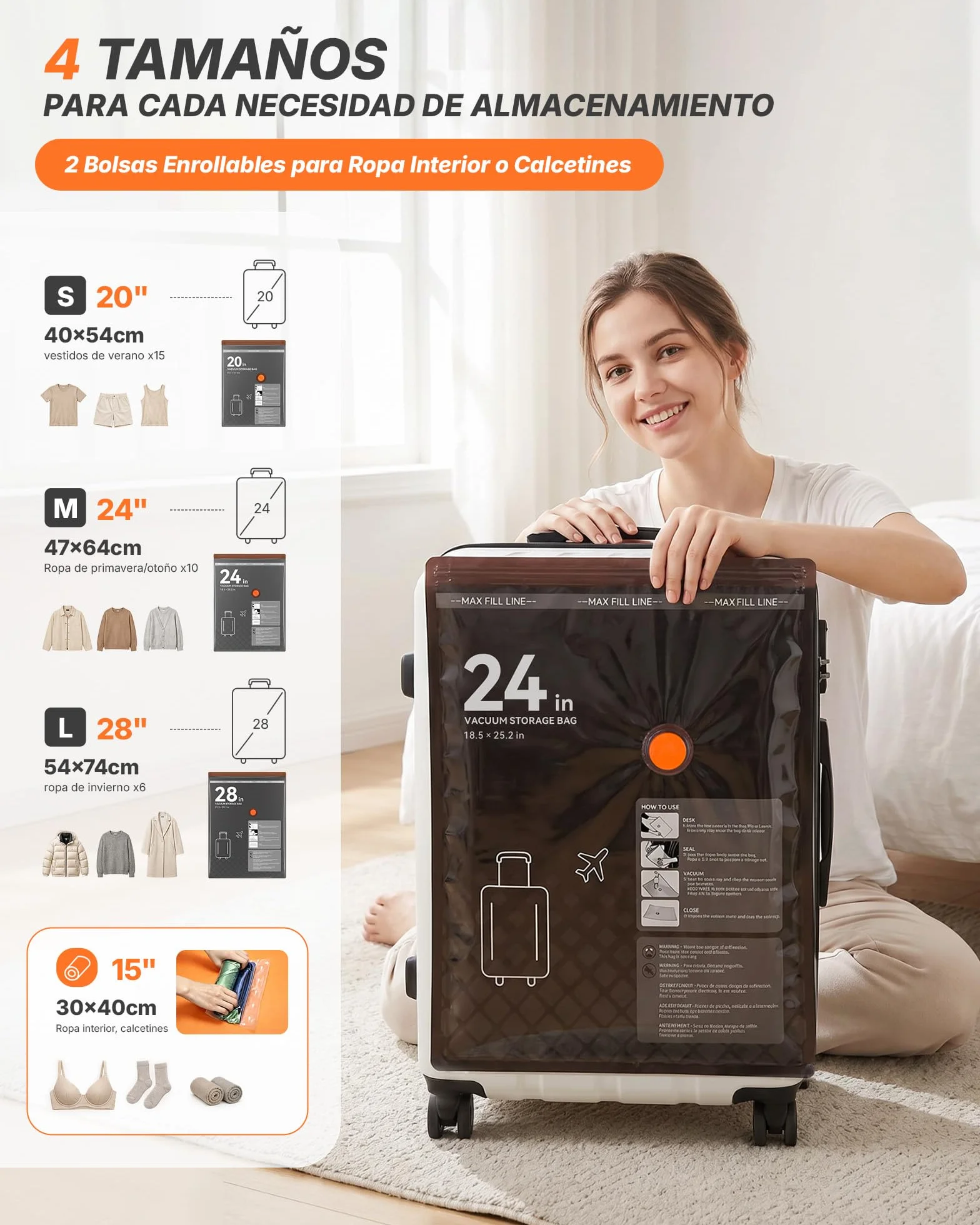 Bolsas Vacio Ropa Viaje con Bomba de Vacío Eléctrica Inalámbrica, Pack de 20 (4 * 74x54, 8 * 64x47, 8 * 54x40) – Ideal para Equipaje de Mano, Ropa de Temporada y Almacenamiento en Casa