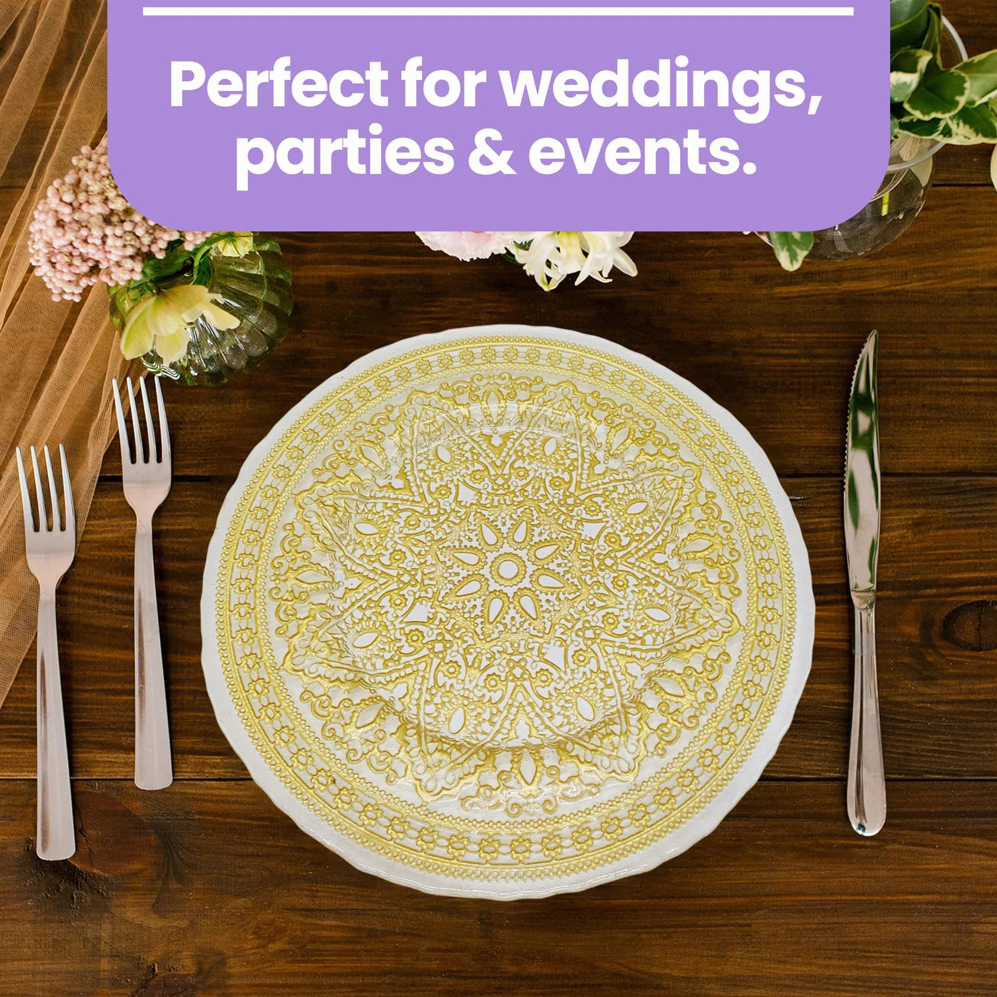Elegantes platos de carga con diseño de flor de mandala dorada, 33 cm, elegantes platos inferiores para bodas, fiestas, aniversarios, cumpleaños, vajilla, eventos de catering y eventos especiales, 6