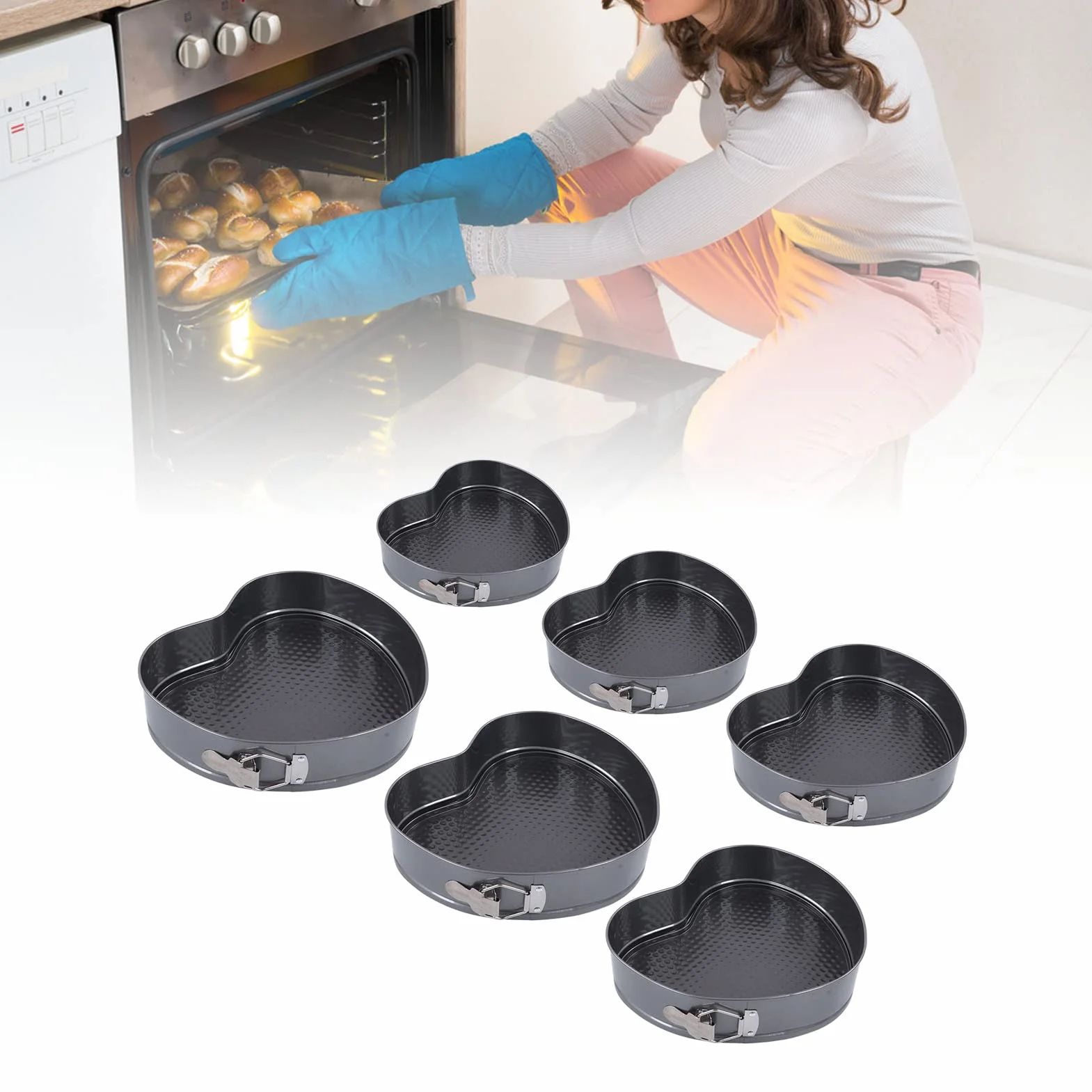 Juego de 6 moldes desmontables con forma de corazón, antiadherentes y de apertura lateral; molde para hornear en acero inoxidable con calentamiento uniforme y cierre a presión,
