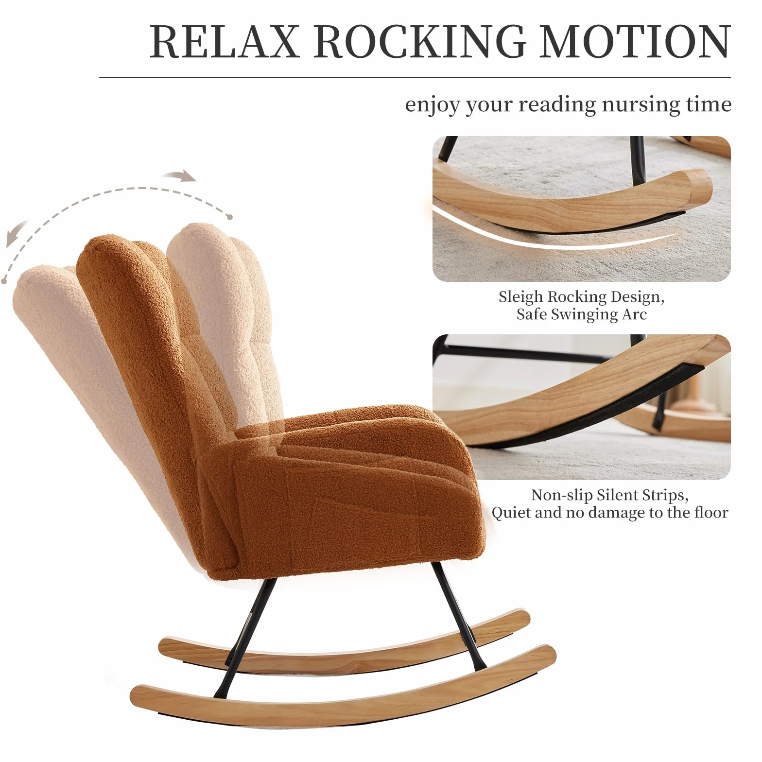 GarveeLife Silla Mecedora Ergonómica De Descanso, Respaldo Alto Tapizado En Peluche, Base De Madera y Patas Metálicas, Soporte 120kg, Sillón para Lectura, Hogar y Hostelería, Color Marrón