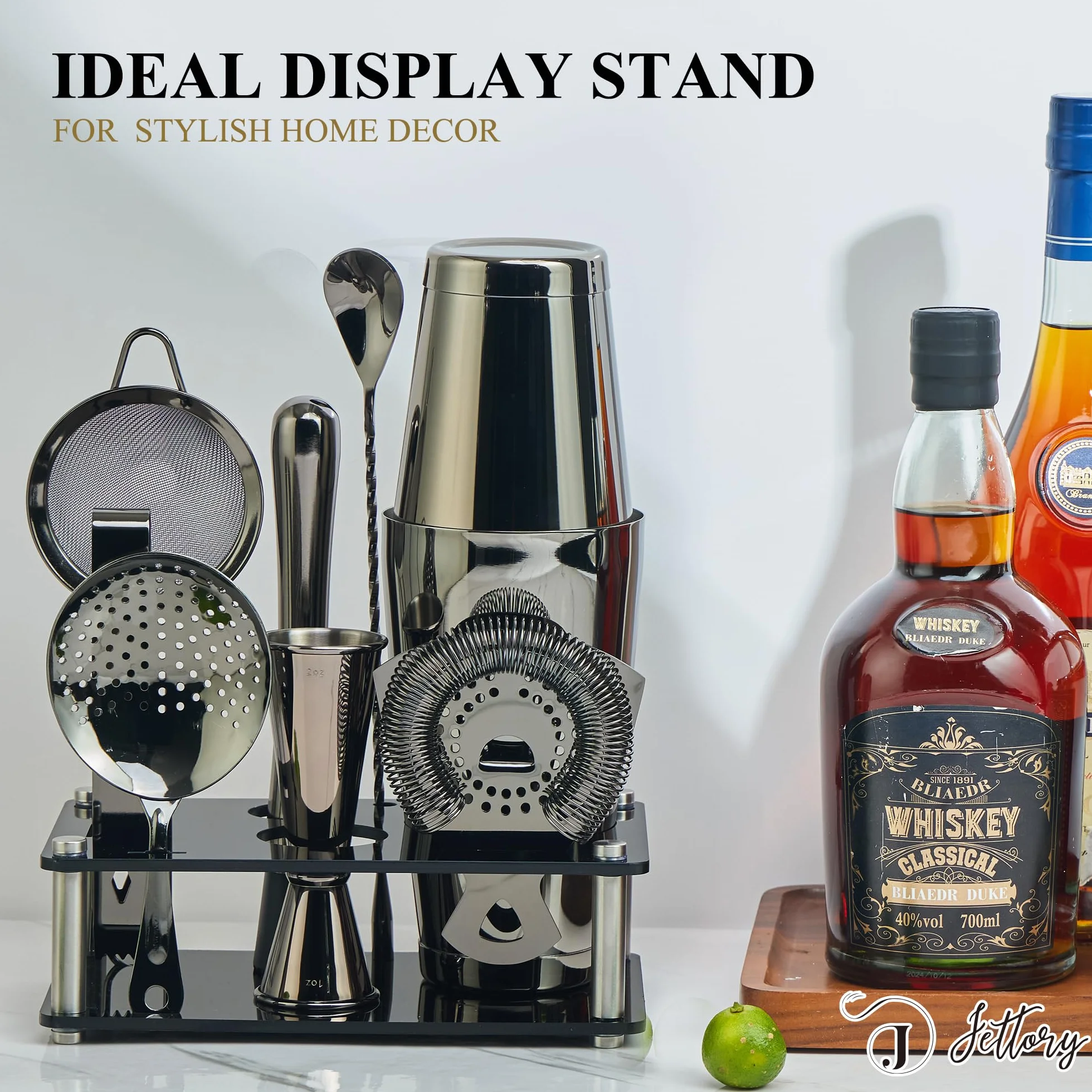 Boston - Juego de 10 cocteleras de acero inoxidable con base acrílica, colador, pinzas para hielo, cuchara de bar, vaso medidor, mortero – Perfecto para el bar en casa (negro)
