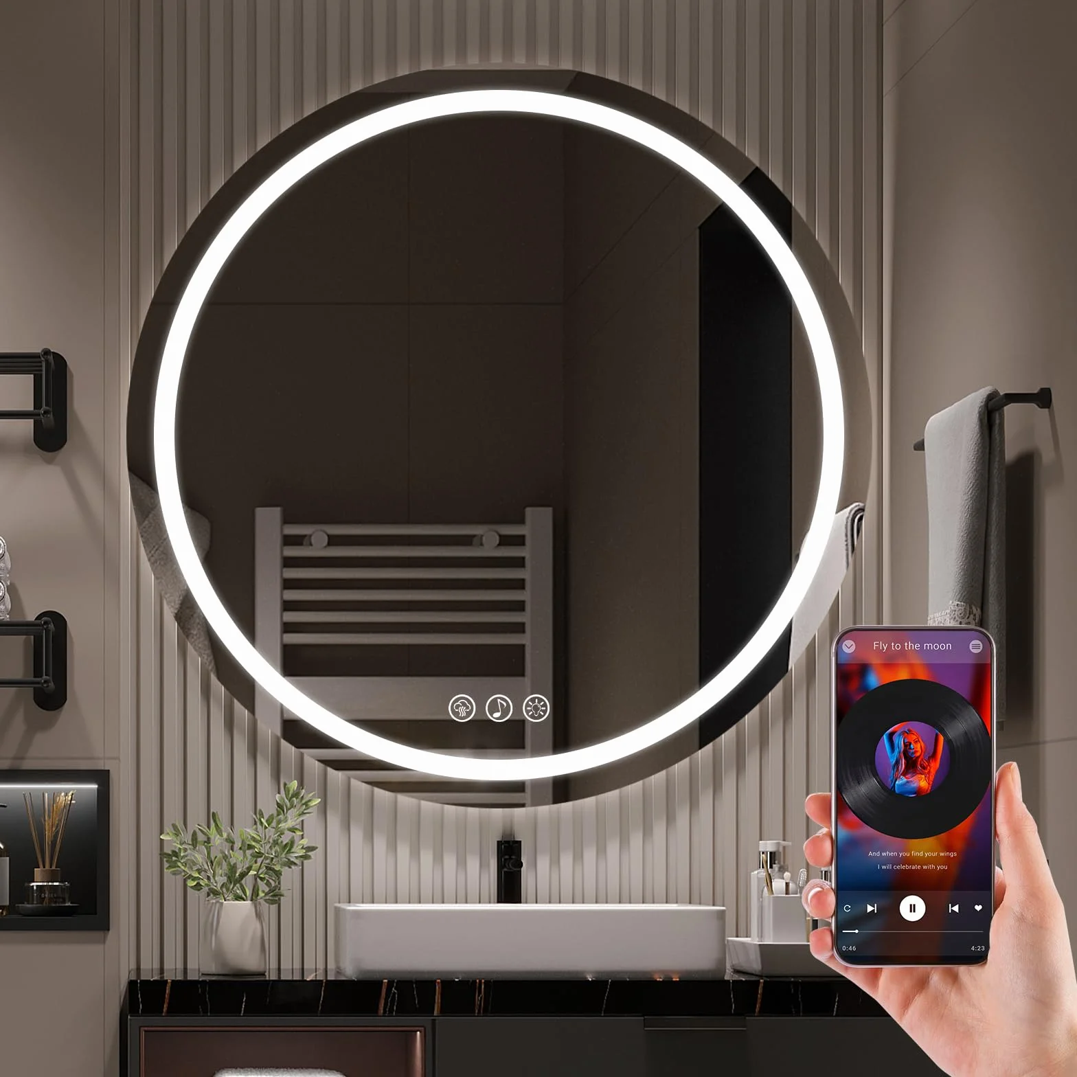 Ratsamee Bluetooth Espejo Baño con Luz Redondo 70cm, Espejos de Baño con LED con Antivaho, Regulable, 3 Colores Luz, Función Memoria