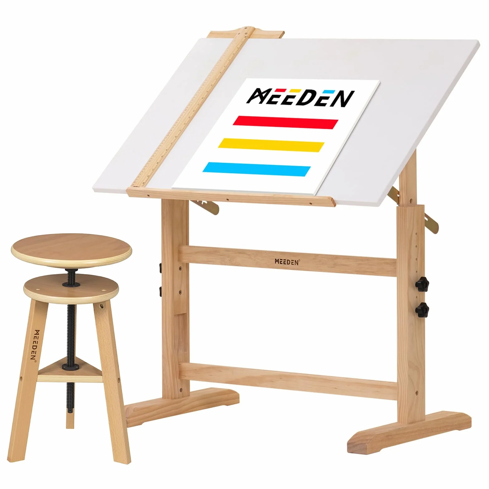 MEEDEN Mesa de Dibujo de Madera con Taburete: Mesa de Pintura Ajustable en Altura de 90 x 60 cm - Escritorio Inclinable para Artistas y Pintores - de Dibujo para Arte y Manualidades