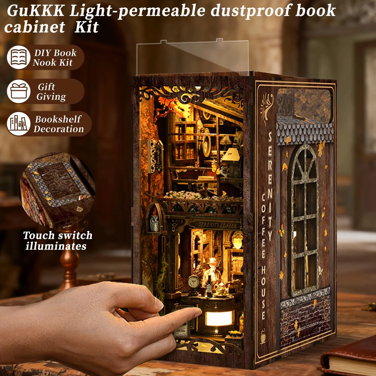 GuKKK Book Nook Kit, DIY Miniatura de Madera Kits, Puzzle 3D Café Casa de Muñecas, Kit de Construcción con Cubierta Antipolvo y luz LED (Cafetería)