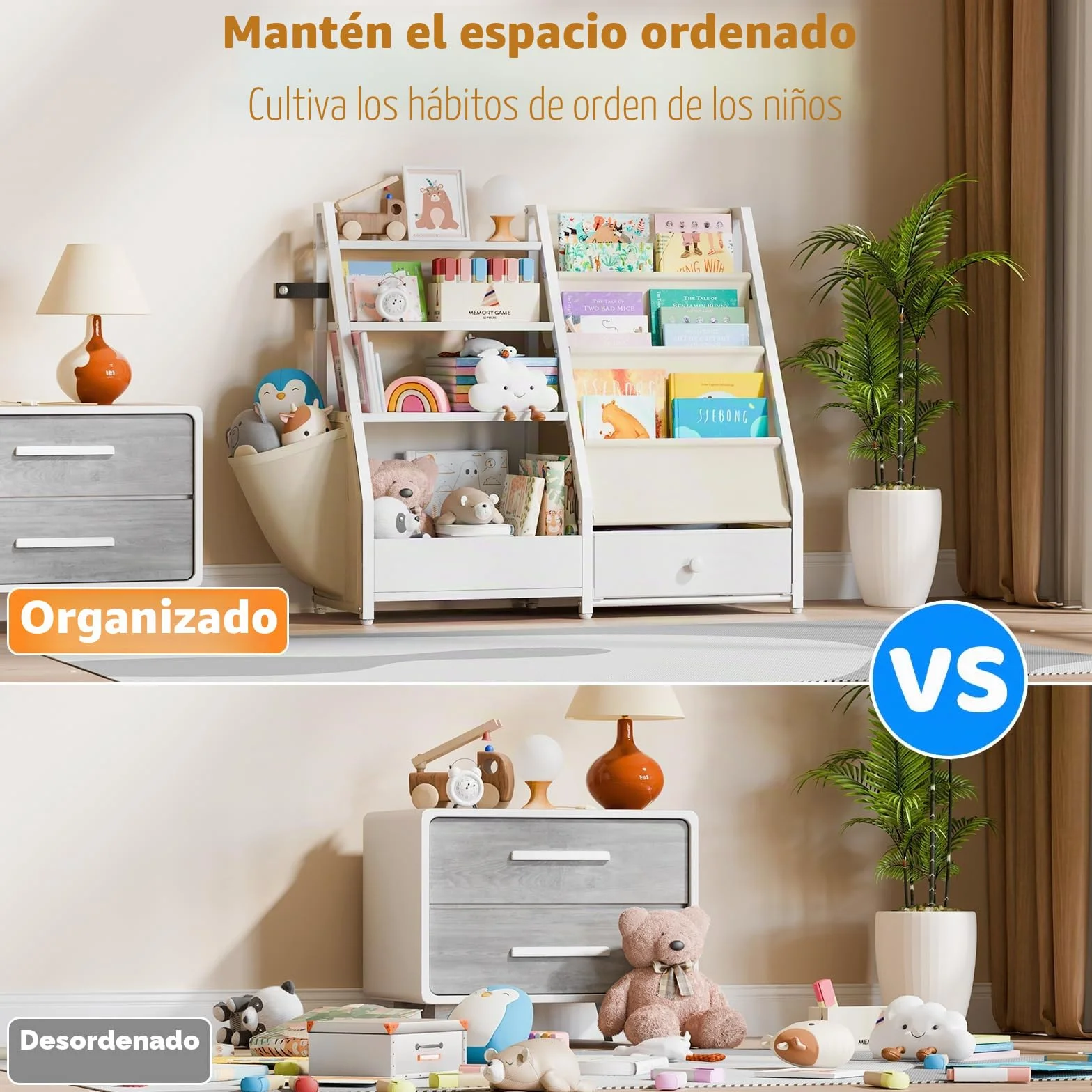 Estantería y almacenamiento de juguetes, estante para libros y guardería, organizador Montessori, color blanco