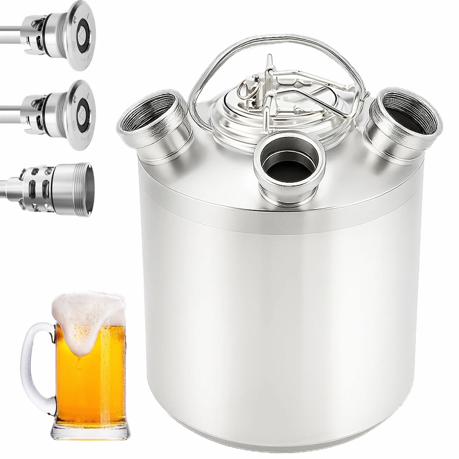 Barril de Limpieza de Cerveza de Acero Inoxidable de 10L, 3 Cabezales de Limpieza con Tapa, Barril de Limpieza de Cerveza Incluye Lanzas de Barril A, A, S, para Cerveza Casera, Bar de Hotel