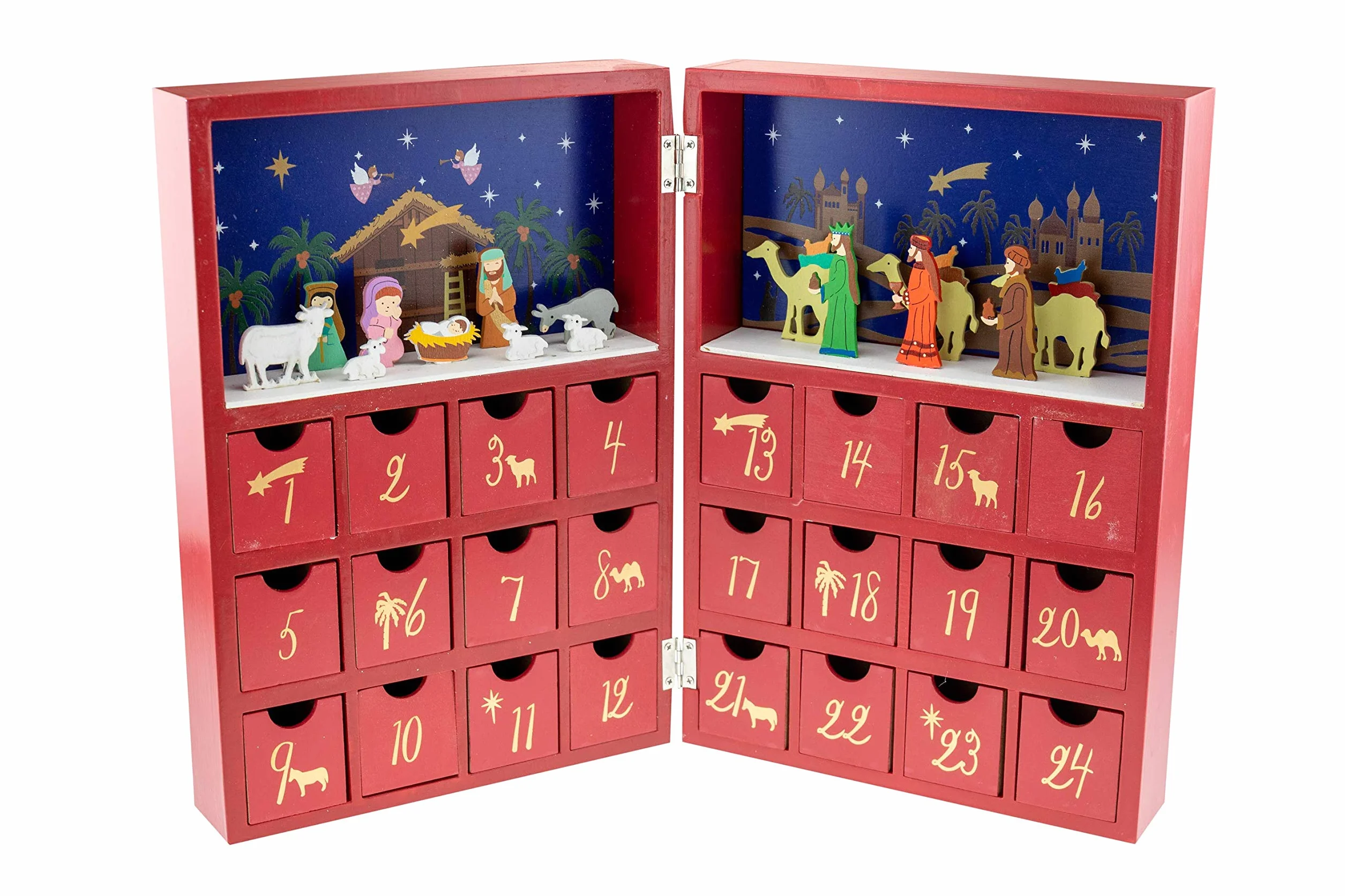 Clever Creations - Calendario de Adviento con Forma de Libro - Belén con niño Jesús y los 3 Reyes Magos - Madera Robusta - 21 x 5,1 x 25,4 cm