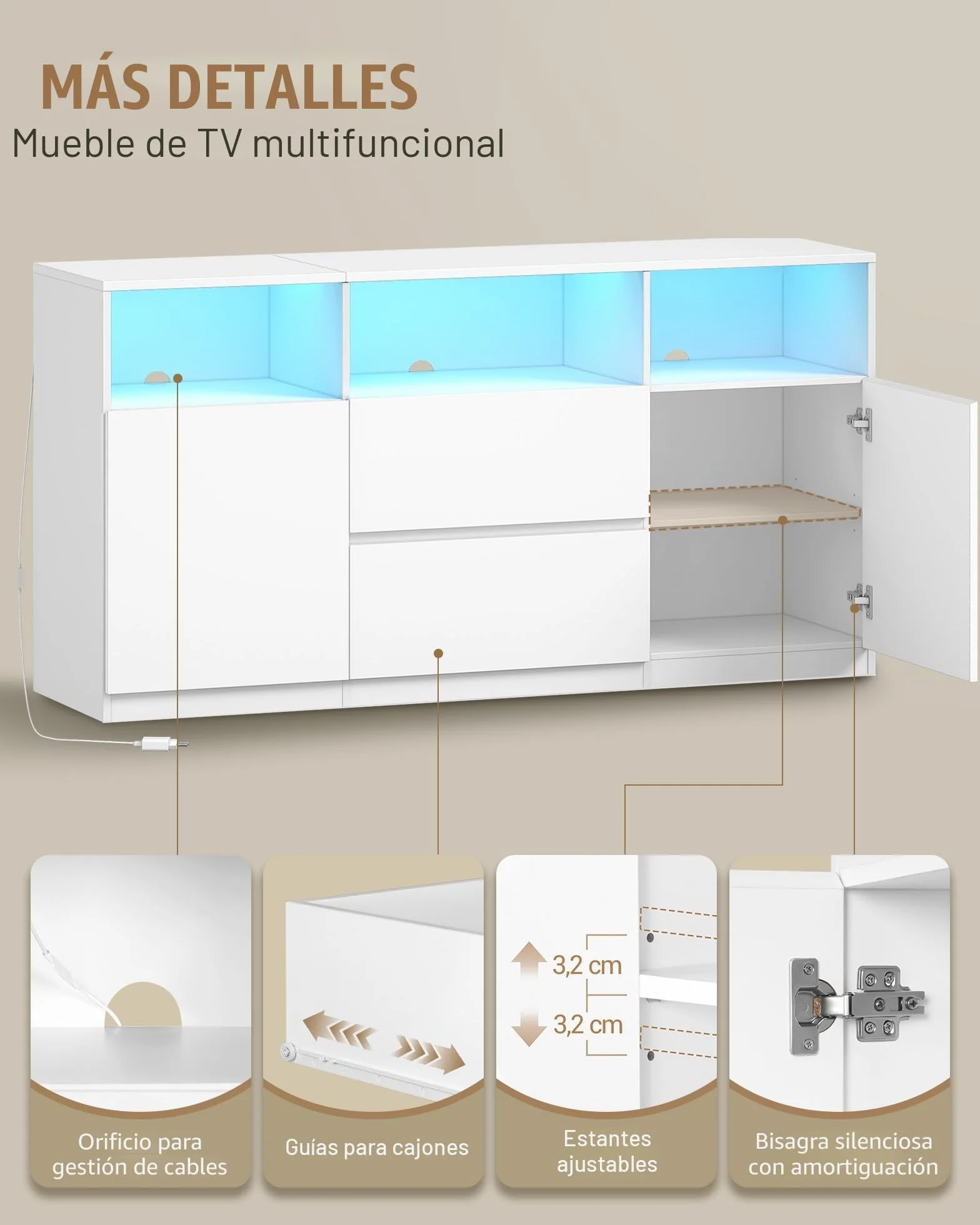 Hzuaneri Mueble de TV, Mesa de TV de hasta 65 Pulgadas, con Luces LED, 2 Cajones, 2 Gabinete y 3 Compartimentos, 147 x 40 x 76 cm, para Salón, Dormitorio, Blanco TV17003XEU