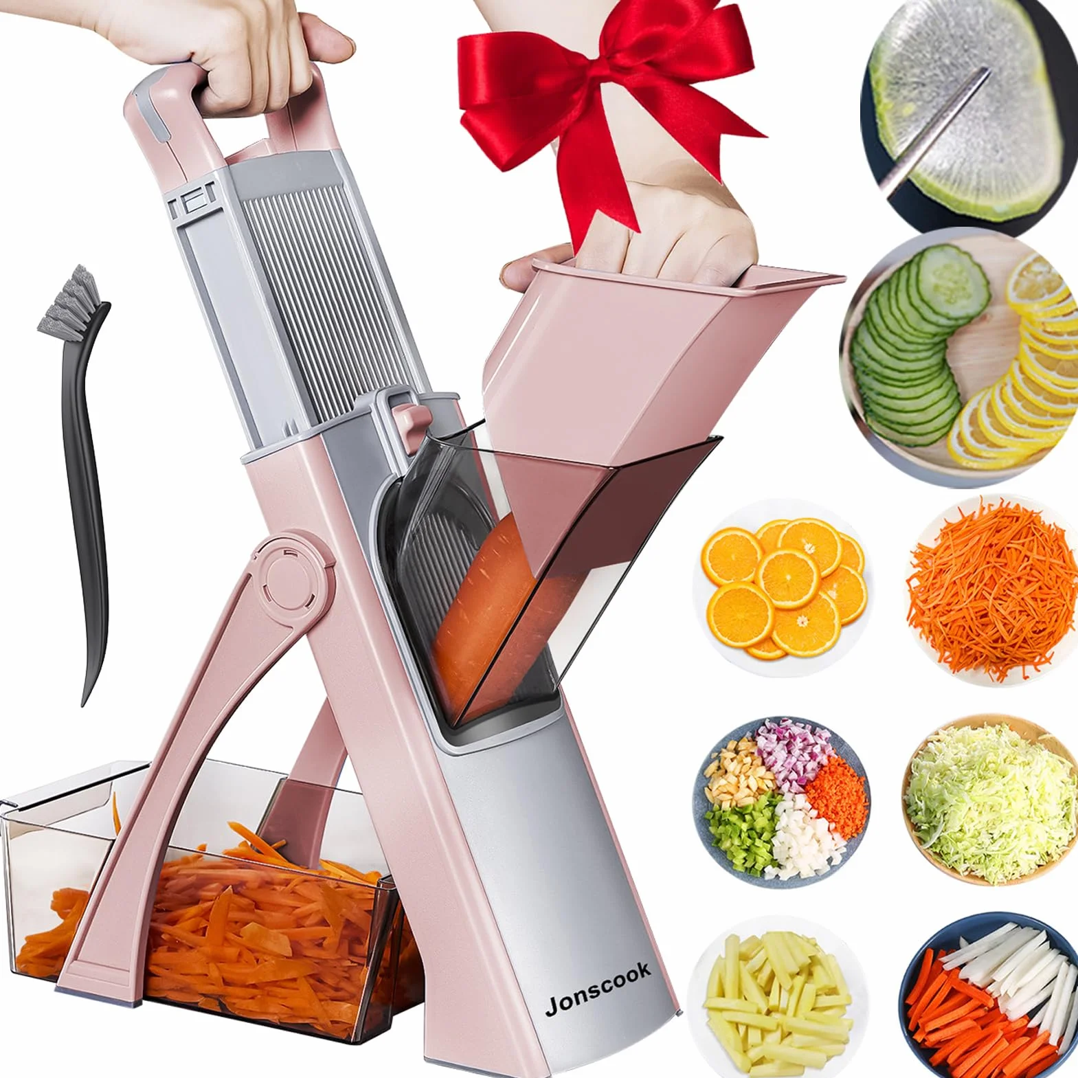 Mandolina Jonscook Todo en 1, Actualizada y Segura, para Cocina, Picadora, Cortadora de Verduras con Tazón Grande, Grosor Ajustable, Mandoline Plus (Black Knight) (Rosa)