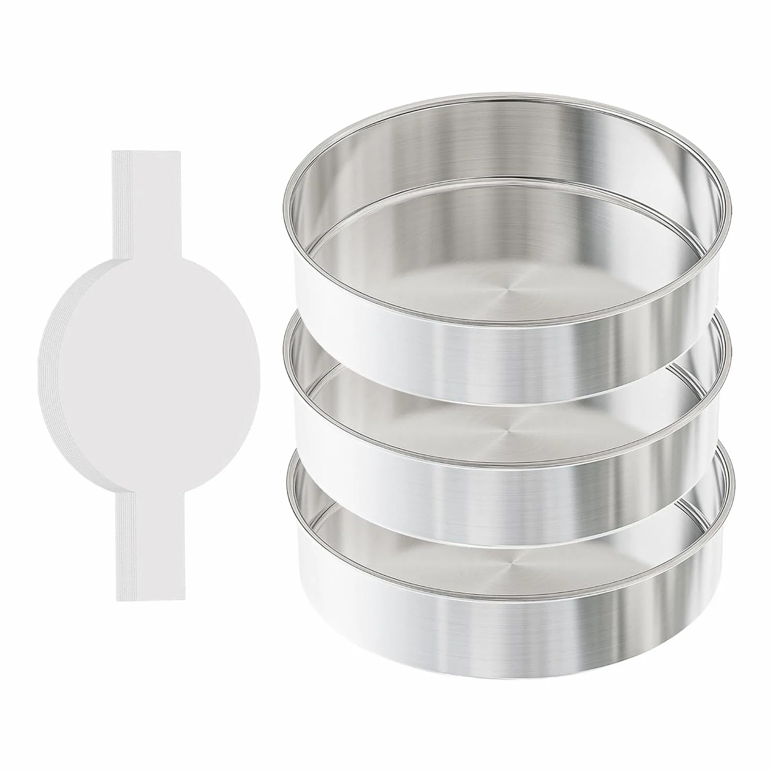 Juego de 3 moldes profesionales para hornear de 20 cm, de acero inoxidable con 100 hojas naturales para hornear, aptas para lavavajillas, utensilios para hornear pasteles resistentes a los arañazos