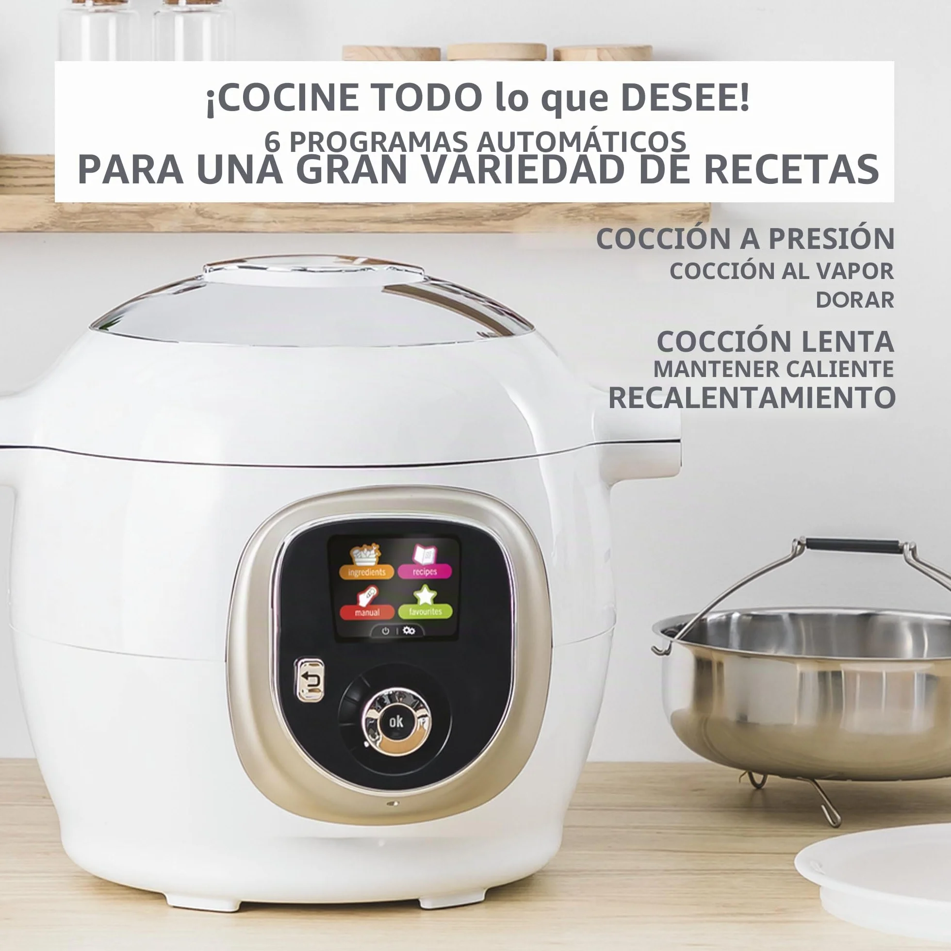 Moulinex, Cookeo - Multicooker inteligente 6L, 150 recetas integradas, cocción sin vigilancia, pantalla intuitiva, guía de cocción, aplicación MyMoulinex, 1600 W, blanco, 15 años reparabilidad