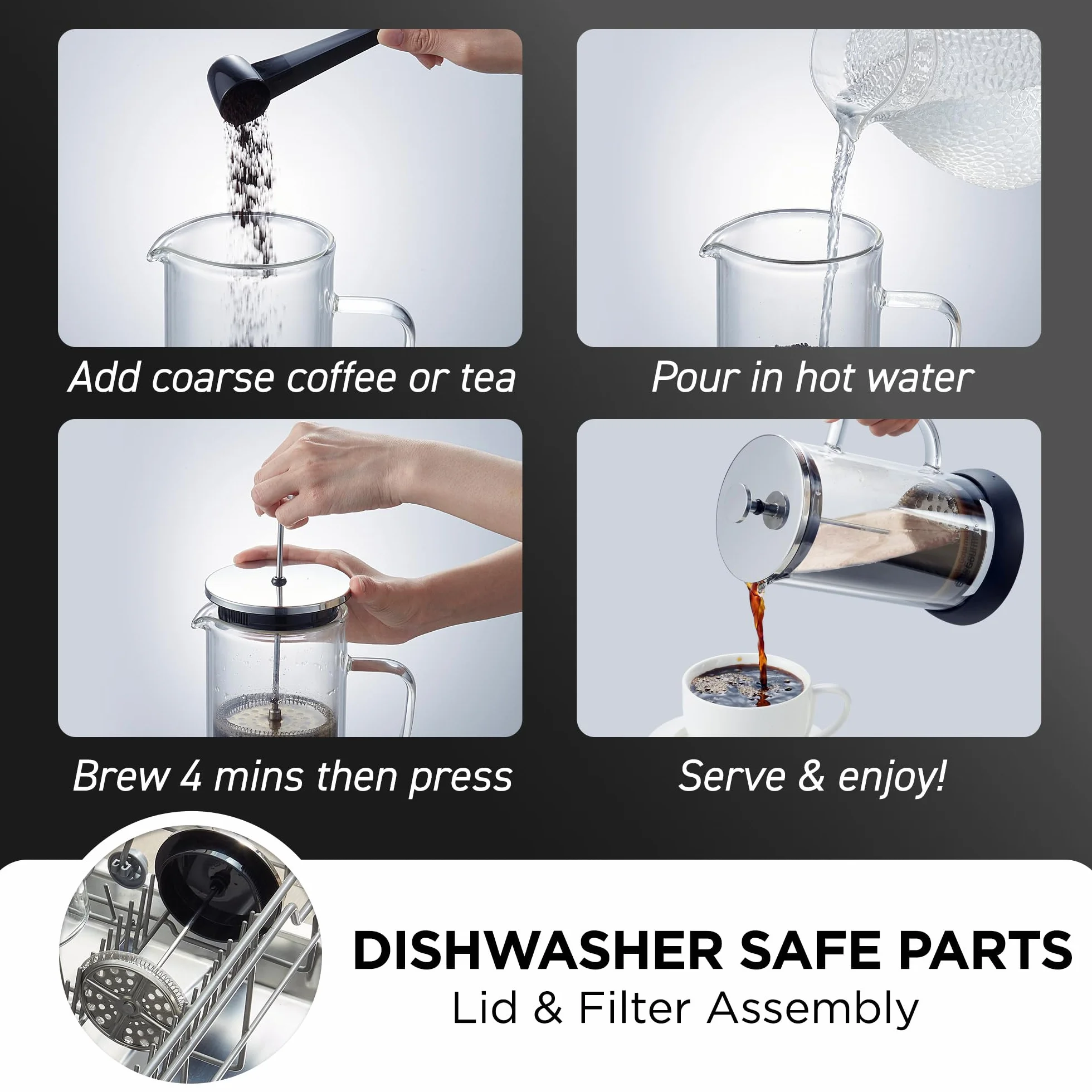 Elite Gourmet FP1223 - Cafetera de prensa francesa de 1 litro, jarra de vidrio de borosilicato aislada de doble pared, montaje de filtro/émbolo de acero inoxidable apta para lavavajillas, base de