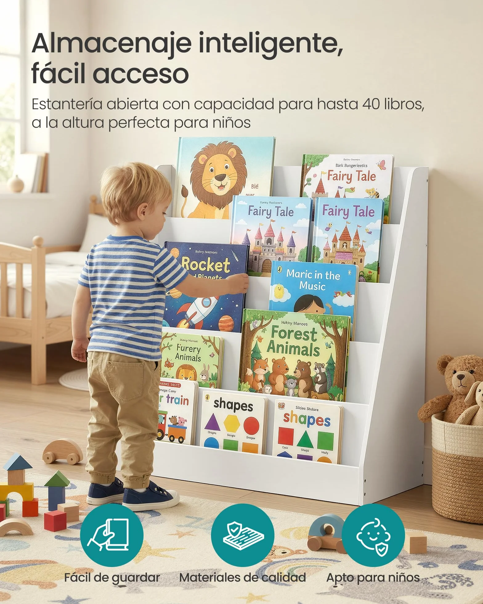 SONGMICS Estantería Infantil Montessori 5 Niveles, Soporte para Libros Ilustrados, 30x80x80 cm, Blanco Nube