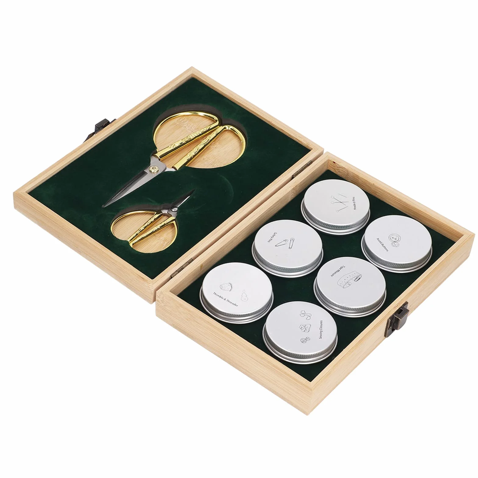 Zonizforceal Kit de costura completo de madera con cajas de hierro, set de suministros de costura para principiantes que incluye tijeras, botones, alfileres, hebillas, dedal, enhebrador y cinta