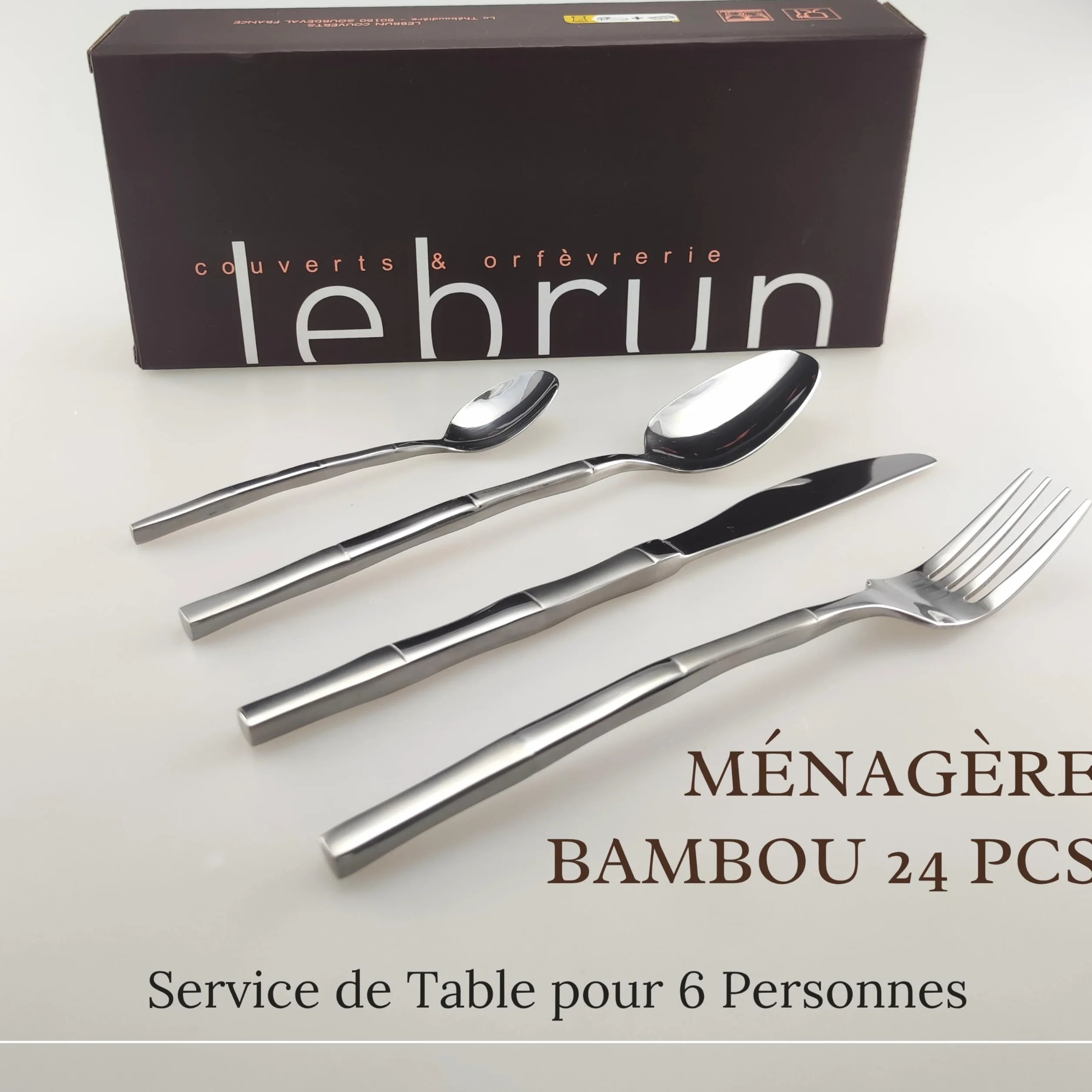 Lebrun Cubiertos BAMBOU – Cubertería de 24 piezas – Vajilla para 6 personas – Juego de 6 tenedores, 6 cuchillos de mesa, 6 cucharadas, 6 cucharaditas – Diseño moderno – Marca francesa