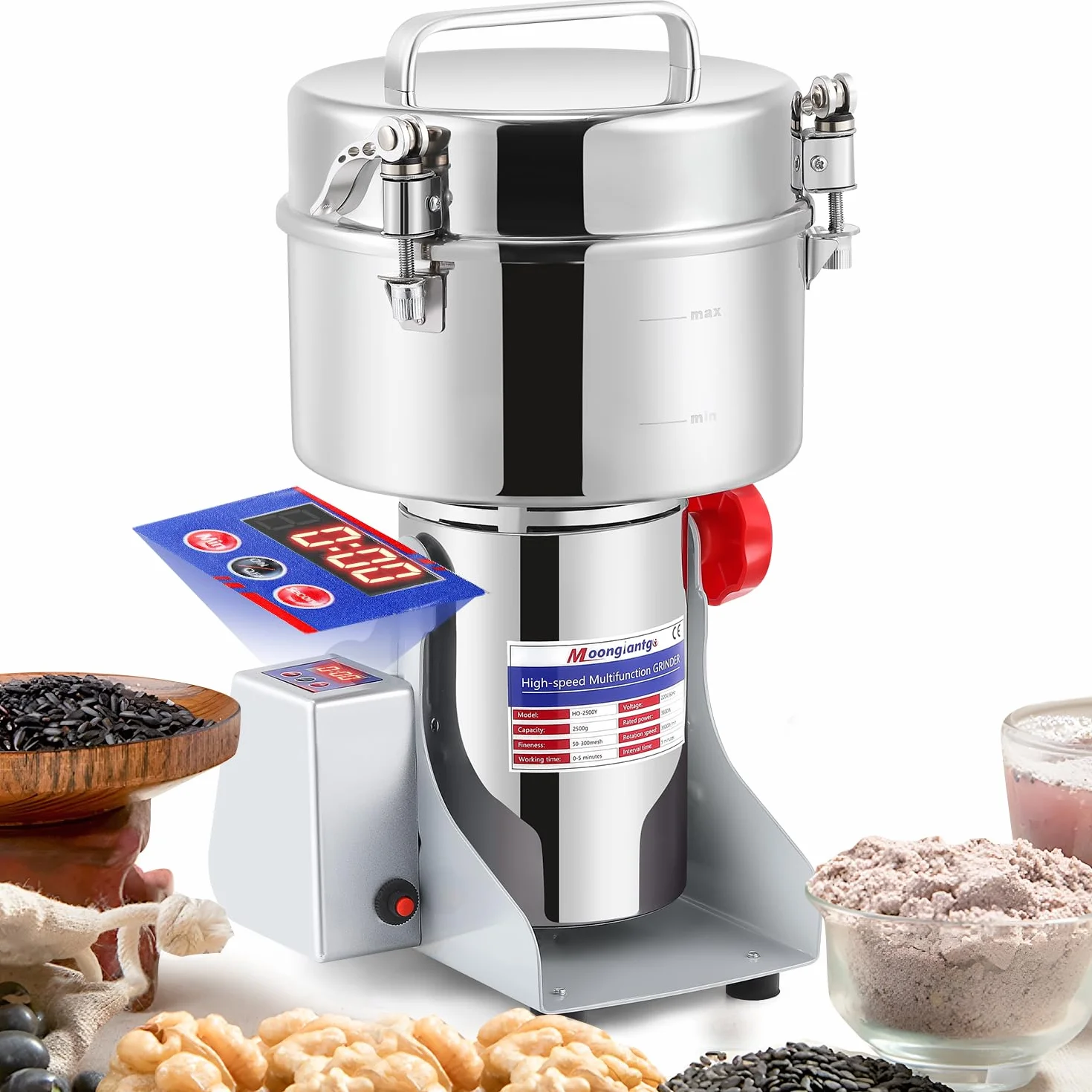 Moongiantgo 2500g Molino de Cereales Eléctrico con pantalla LED, Acero inoxidable & Motor Comercial 3600W 36000RPM, Molienda Ultrafina de Alta Velocidad 30S, para Cereales / Hierbas / Especias / Nuez