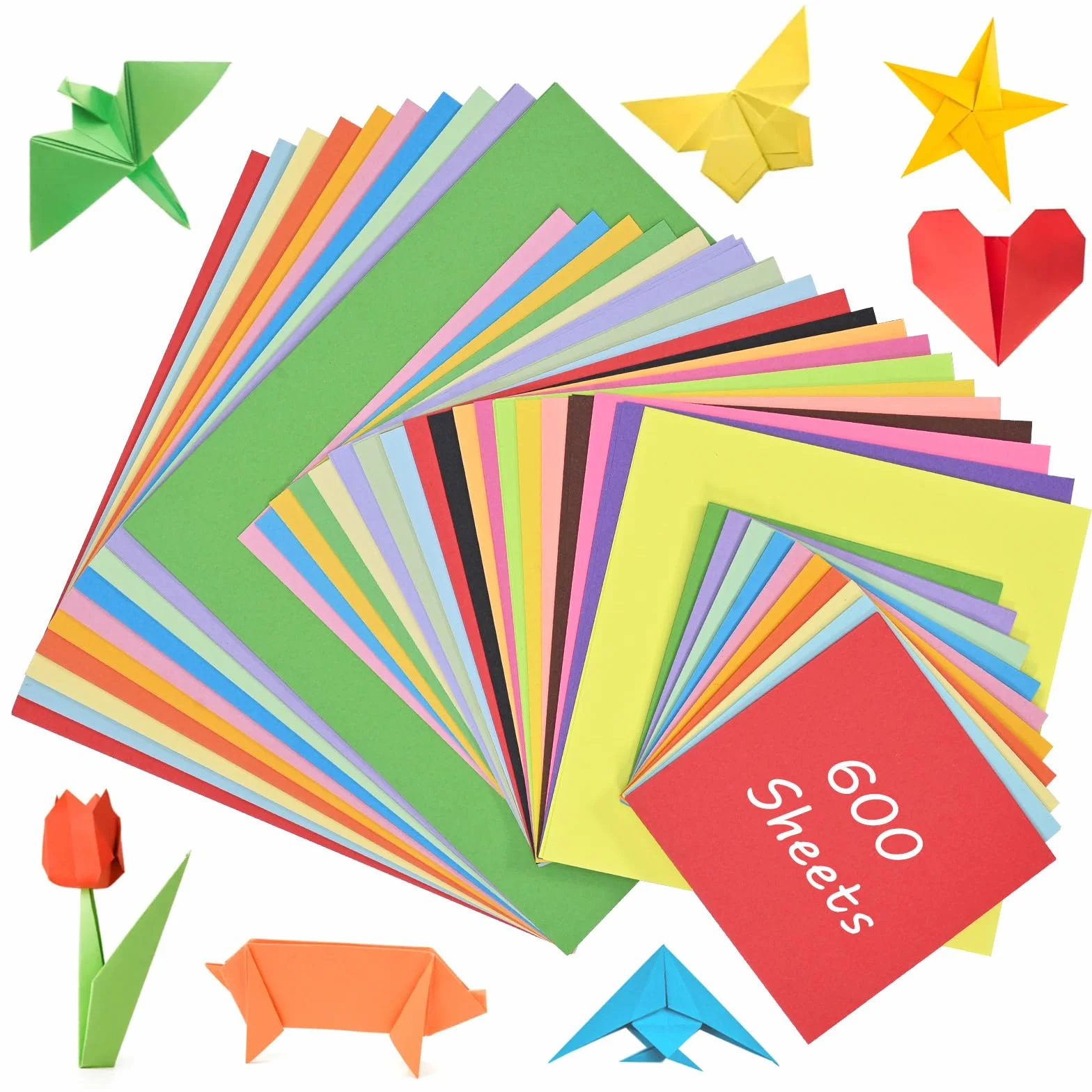 Juego de 600 hojas de origami, papel plegable cuadrado de doble cara 20x20 cm, 15x15 cm, 10x10 cm, cartulinas colores para manualidades