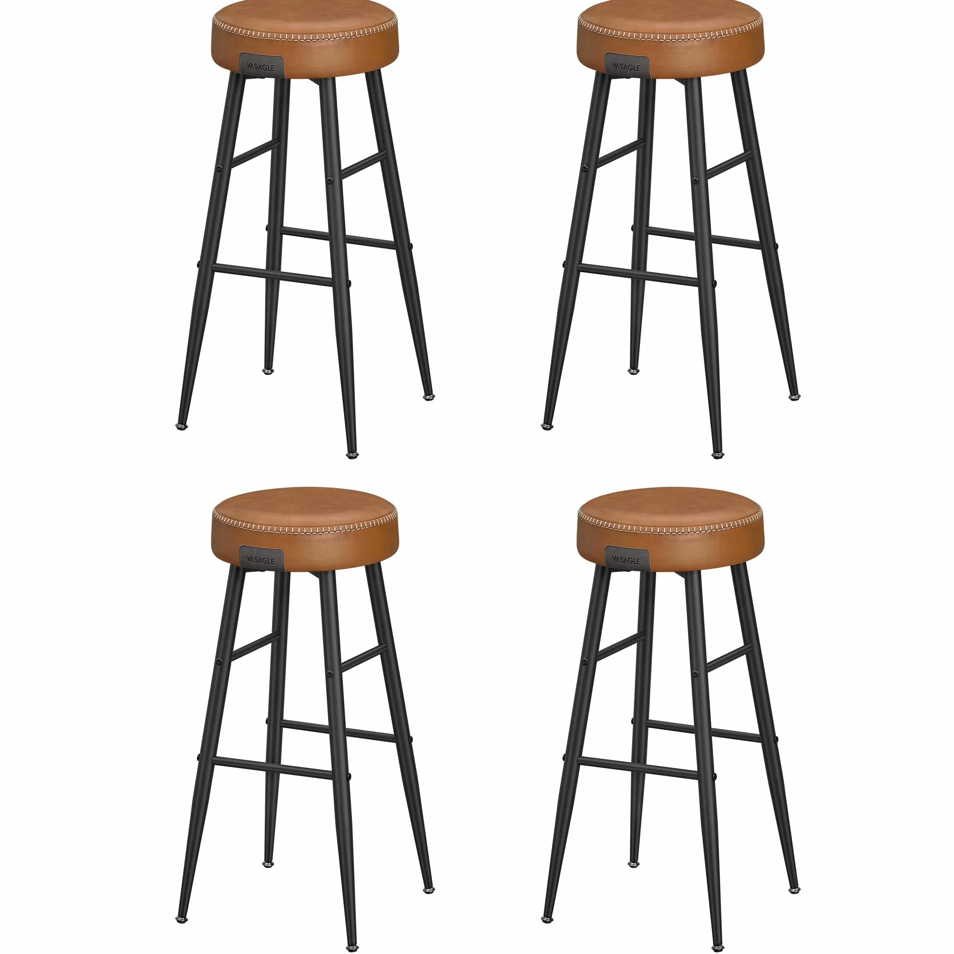 VASAGLE EKHO Colección - Juego de 4 Taburetes de Bar, Taburete Cocina, Taburete Desayuno, Cuero Sintético con Costuras, Moderno Siglo Medio, 76,2 cm Alto, Silla Comedor, Fácil Montaje, Marrón Caramelo