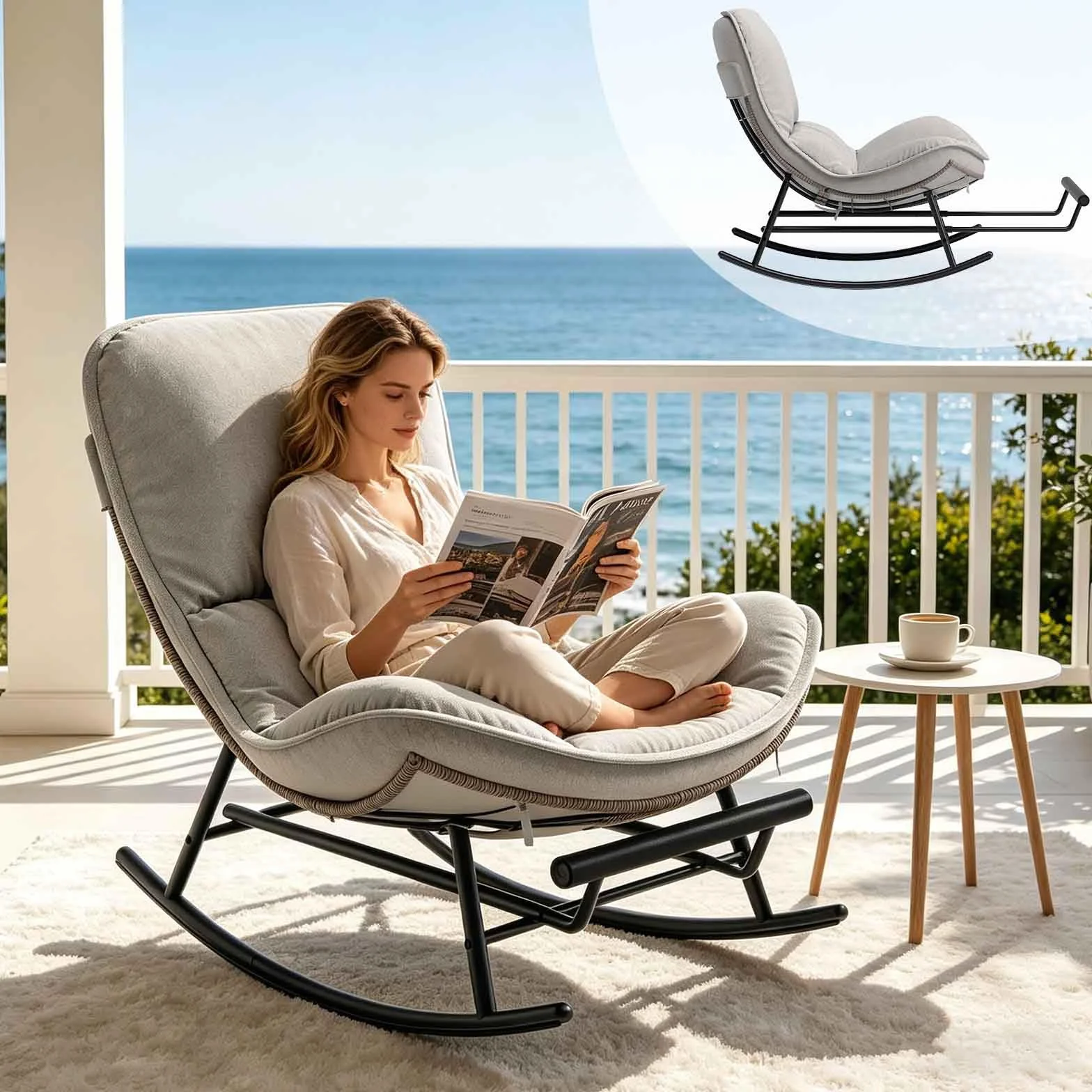 NJUN Mecedora de Exterior, Sillón Relax de Jardín de Poliratán con Cojín Extraíble y Reposapiés Extensible, Sillas Mecedoras Ergonómico para Sala de Estar, Balcón, Jardín y Terraza