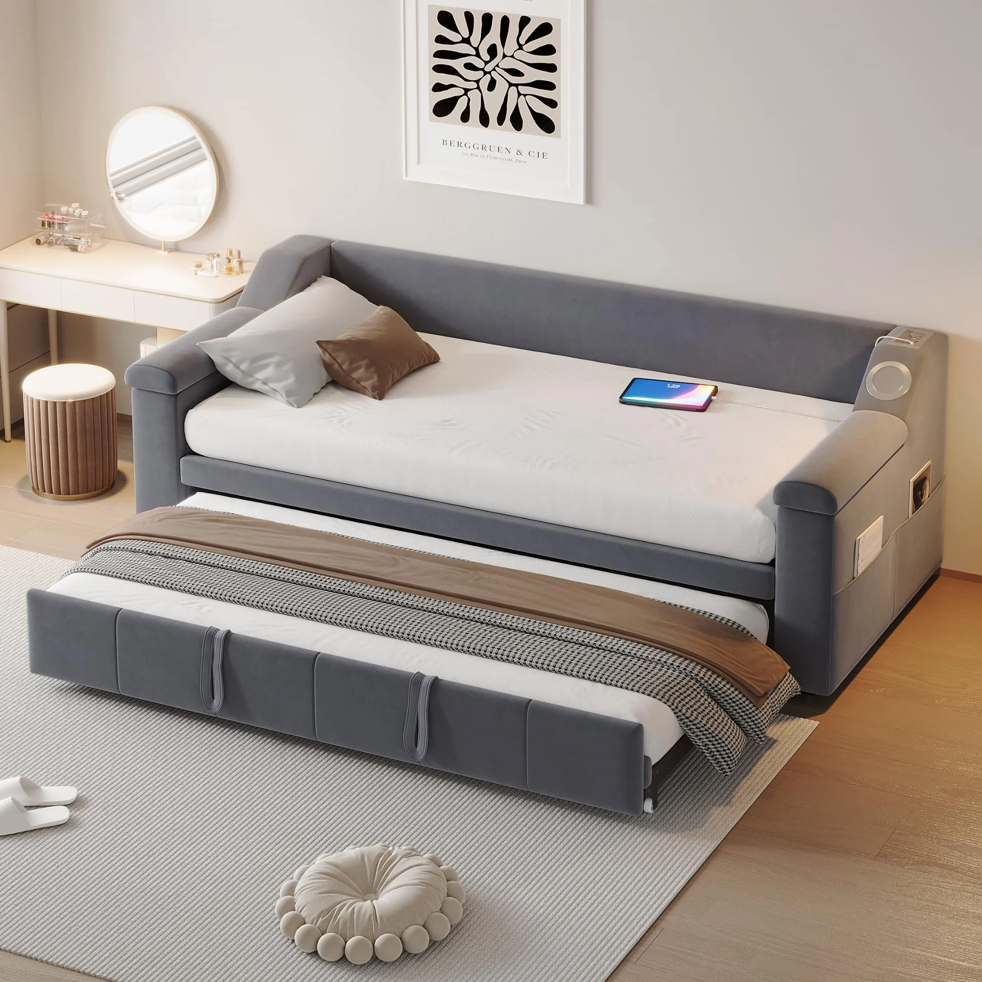 Cama acolchada, sofá cama, reposabrazos anchos y gruesos, con sistema estéreo Bluetooth inteligente, con puerto de carga USB, con compartimentos de almacenamiento, con somier, tela de