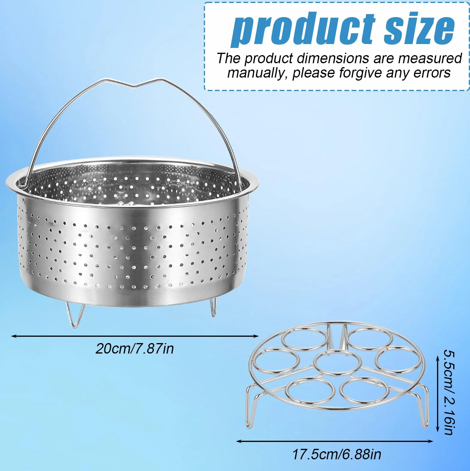 HOMURY Juego de 2 piezas vaporera acero inoxidable 20 cm 17.5 cm cesta vapor con asa para ollas presión