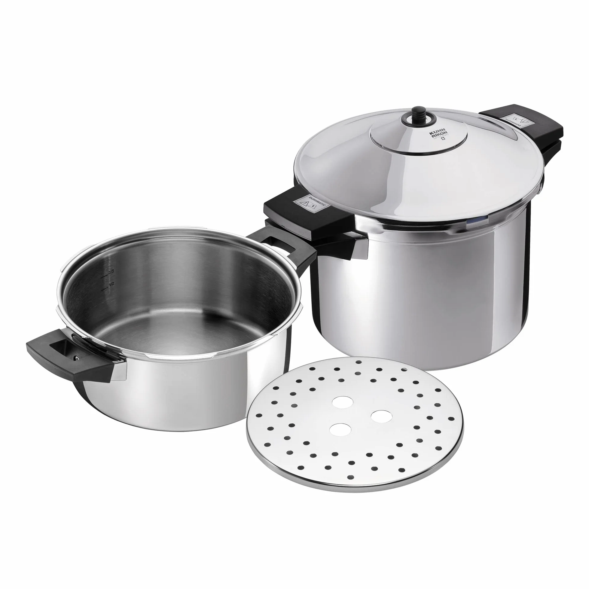 Kuhn Rikon Set Duromatic Inox, Olla a Presión Super Rápida, Apta para Inducción, Óptima Distribucion del Calor, Acero Inoxidable 18/10, Set olla 6L/24cm + cuerpo 4L/24cm