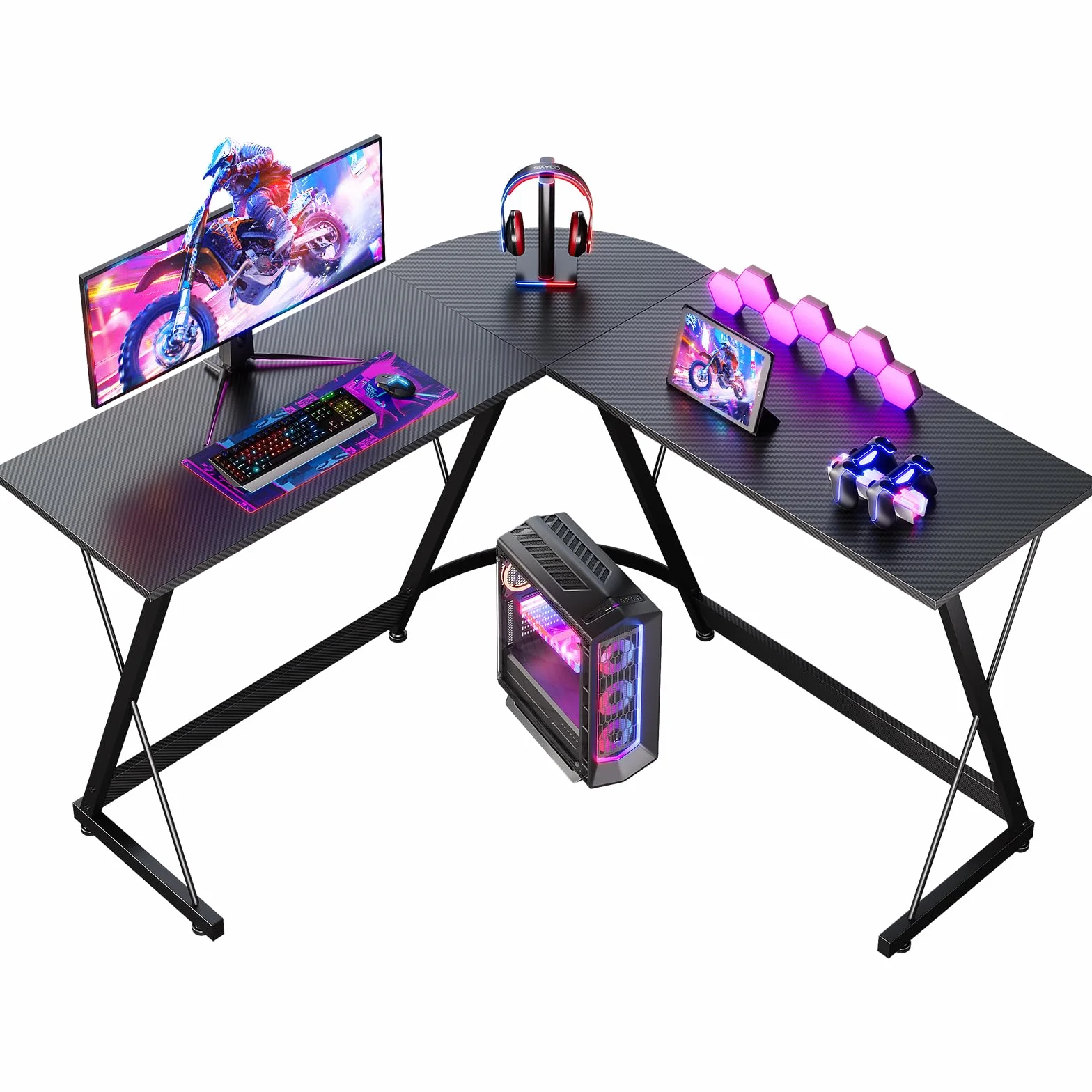 ODK Escritorio Gaming, 120 x 120 cm Mesa Gaming, Escritorio esquinero Estable y económico para Juegos, Oficina en casa y Estudio, Fibra de Carbono Negra