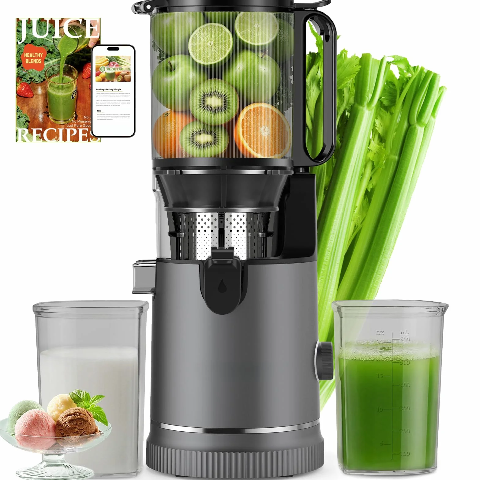 Extractor de Zumos Prensado en Frío 400W, Licuadora con Boca XL 152 mm para Frutas y Verduras Enteras, Filtro 3 en 1 (Zumo, Sorbete, Leche Vegetal), Alto Rendimiento, Apto Lavavajillas, Sin BPA, 1,8 L