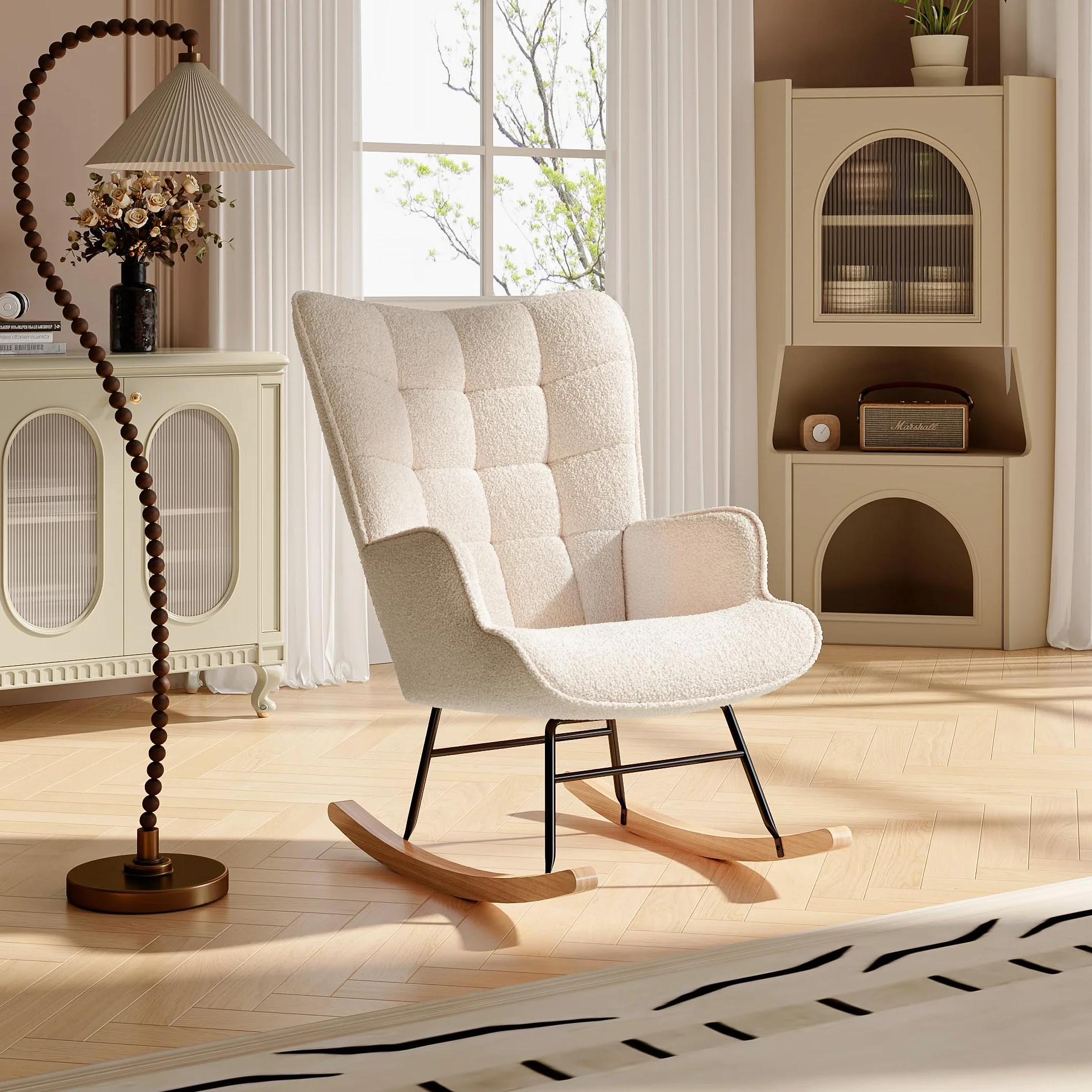 KeepGoon Mecedora para dormitorio, salón, columpio, silla de relax, silla balancín, silla de acento para dormitorio, salón, mecedora de terciopelo de peluche con respaldo a cuadros (beige)