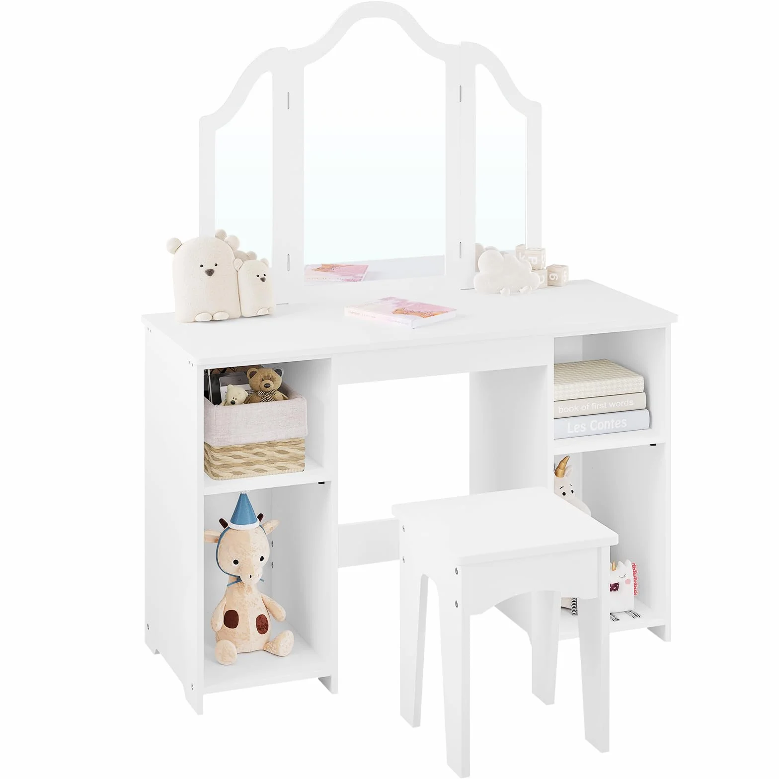 WOLTU Mesa Tocador Infantil 3 Piezas con Taburete y Espejo Plegable, Blanco MDF