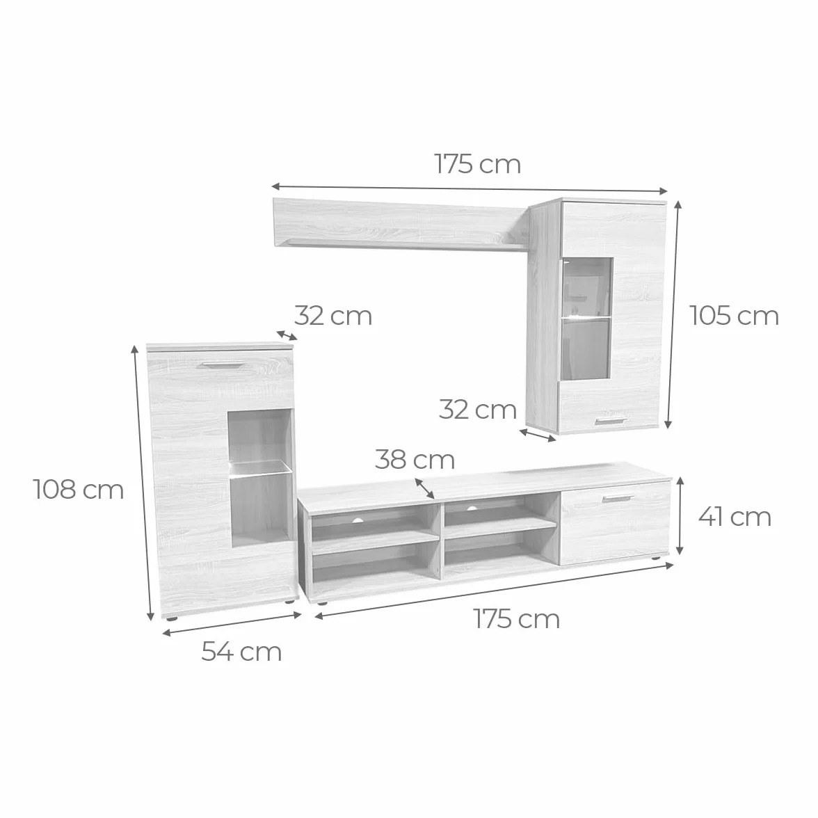 Homey - Mueble de Salón con Leds, Módulos de Comedor, Modelo Alemore, Acabado en Cambria, Medidas: 229 cm (Ancho) x 200 cm (Alto) 38 cm (Fondo)