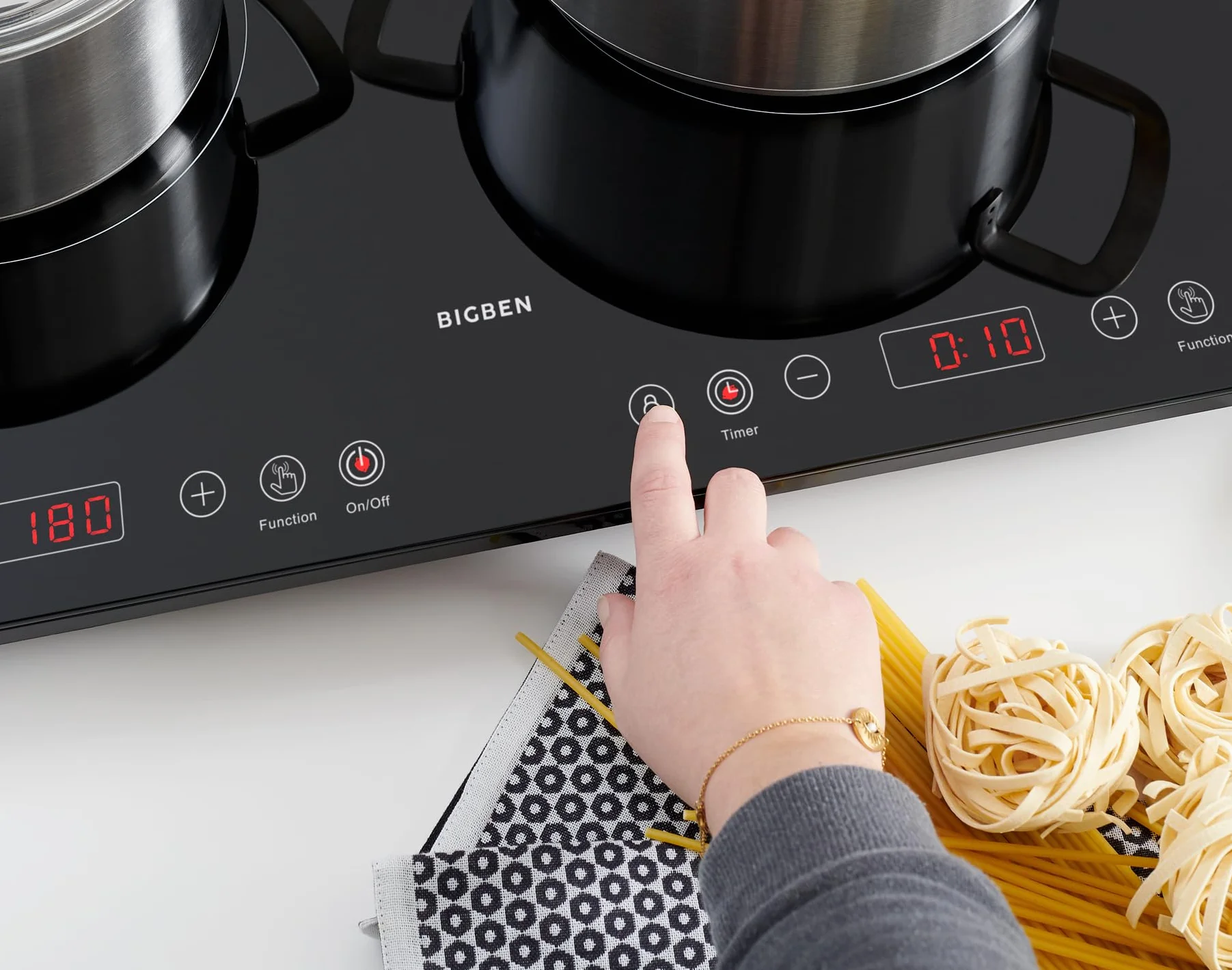 Bigben - Placa de inducción doble CKDUO2BK, 3500 W, 2 fuegos, temporizador, control de temperatura 60-240 °C, fácil limpieza