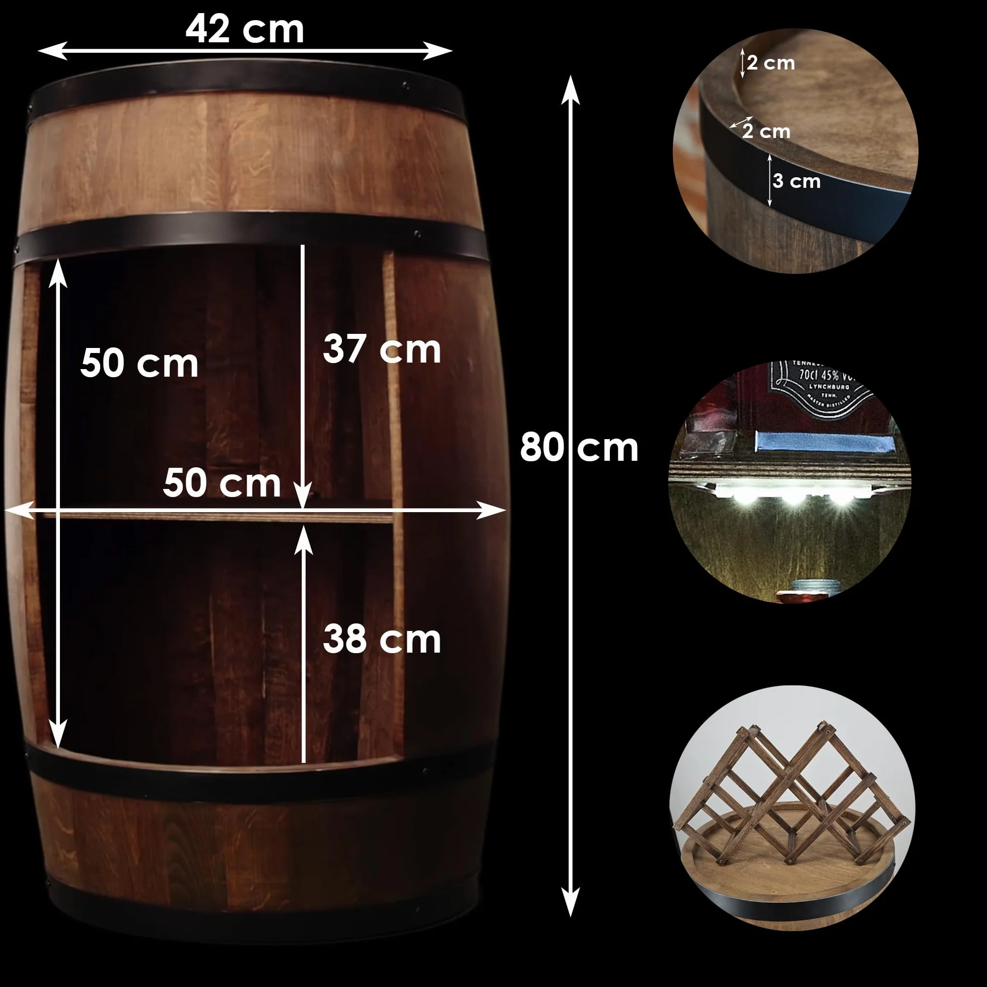 CREATIVE COOPER Barril de bar con soporte para vino – Botellero LED RGB – Barril de madera 80 x 50 cm – Decoración rústica – Armario para vino – Armario para vinos (marrón oscuro)