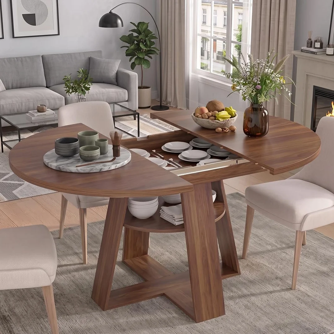 Mesa de comedor extensible 100/140 x 100 x 75 cm, mesa de comedor ovalada, ahorra espacio, mesa de cocina con espacio de almacenamiento, mesa de comedor de madera, mesa de jardín extensible