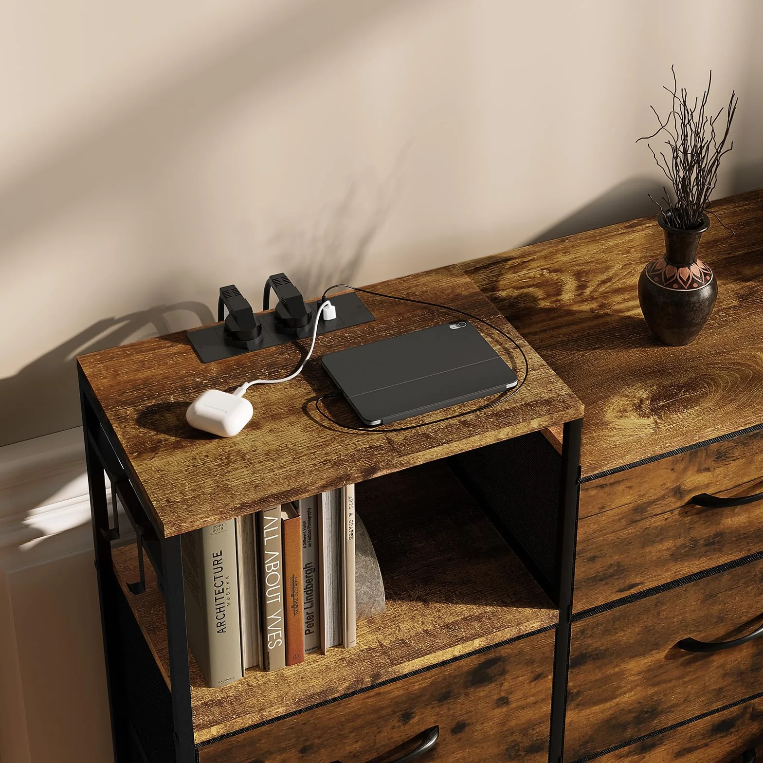 WOLTU Cómoda Dormitorio 8 Cajones de Tela, Estantes de Madera, Armario Comoda de Salon, Cajas Organizadoras, Estructura Metalica, Estilo Industrial, SSK007hov