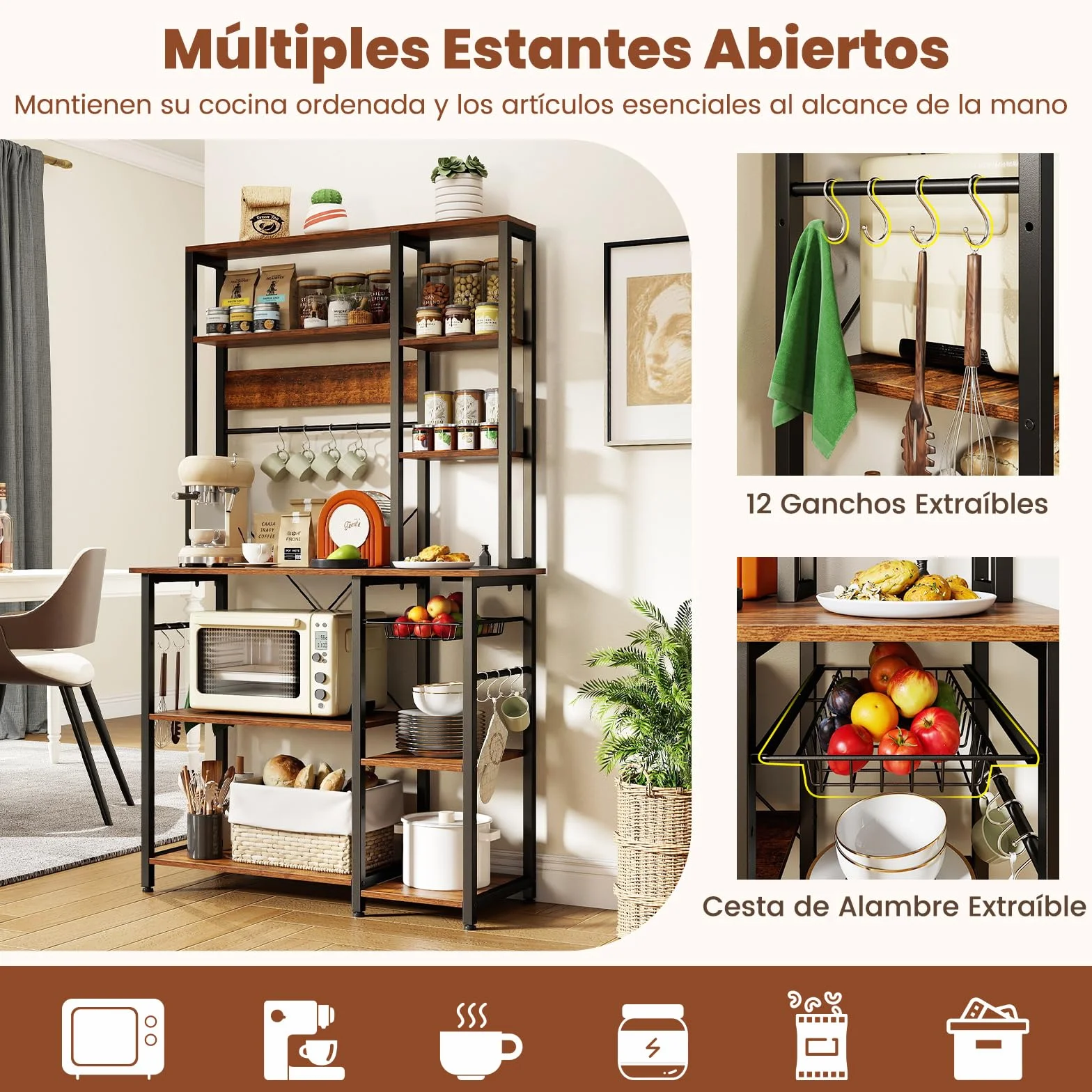 COSTWAY Estantería de Cocina, Armario de Cocina, Mueble para Microondas de 6 Niveles con Estantes Abiertos de Madera, Ganchos y Cesta, Marco Metálico, Organizador Almacenaje Cocina para Aparatos